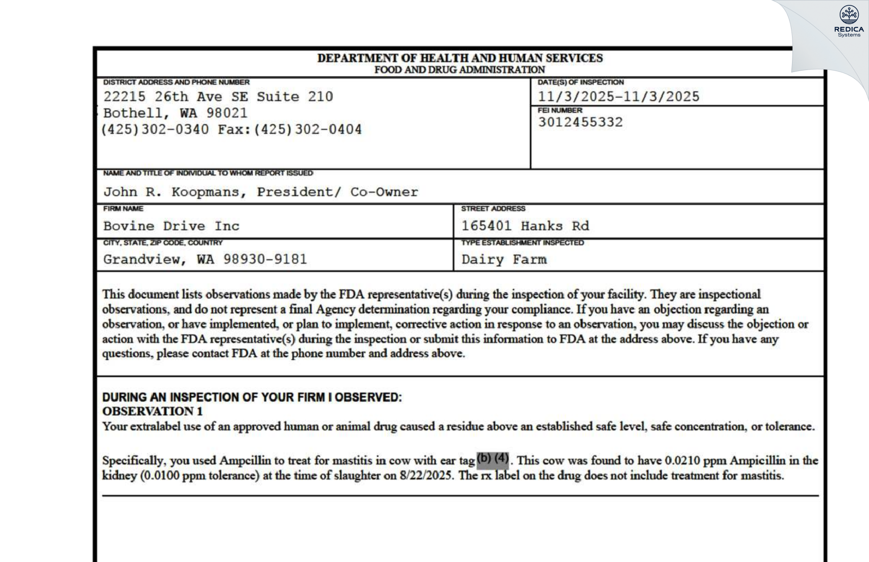 FDA 483 - Bovine Drive Inc [Grandview / United States of America] - Download PDF - Redica Systems