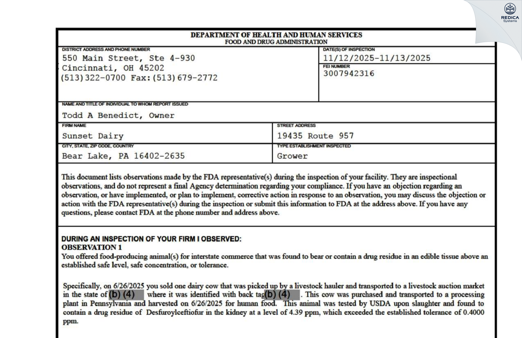 FDA 483 - Sunset Dairy [Bear Lake / United States of America] - Download PDF - Redica Systems