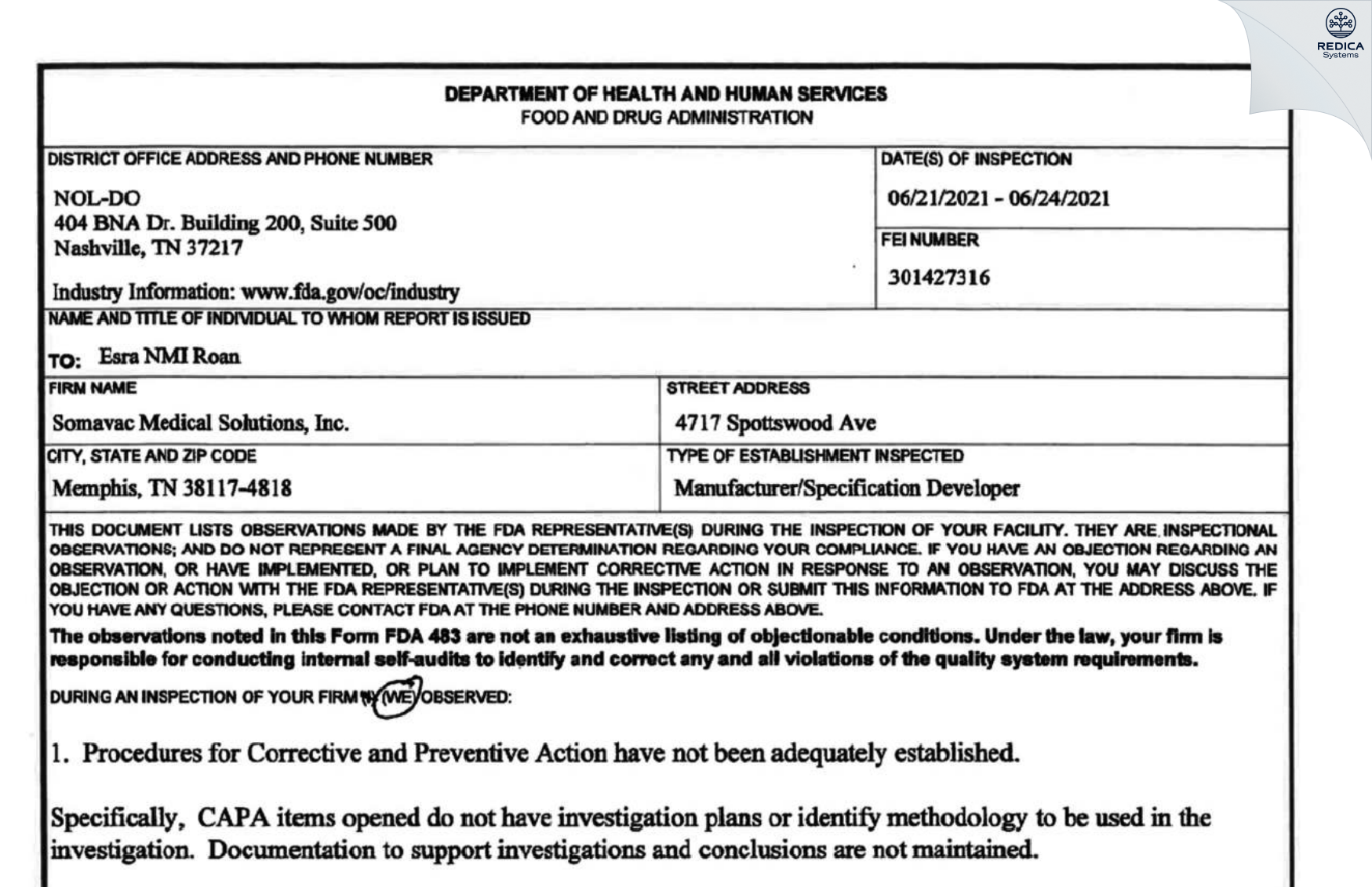 FDA 483 - Somavac Medical Solutions, Inc. [Memphis / United States of America] - Download PDF - Redica Systems