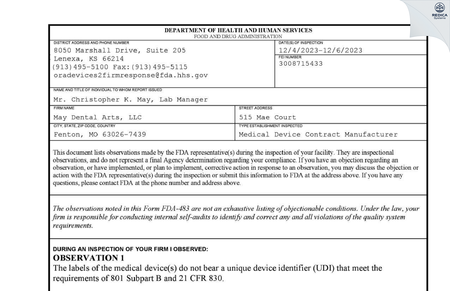 FDA 483 - May Dental Arts, LLC [Fenton / United States of America] - Download PDF - Redica Systems