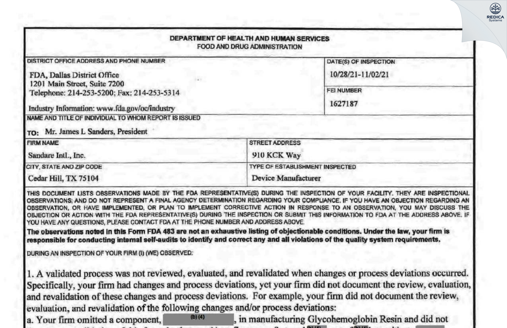 FDA 483 - Sandare International, Inc [Cedar Hill / United States of America] - Download PDF - Redica Systems