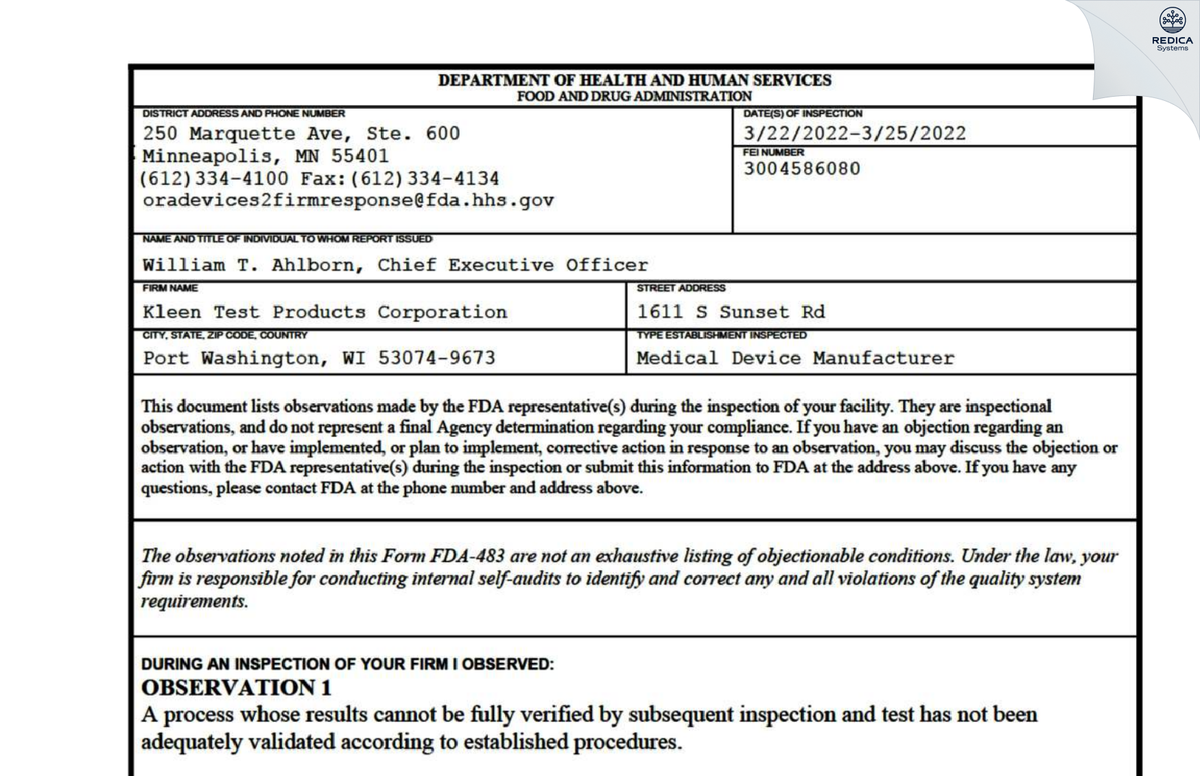 FDA 483 - Kleen Test Products Corporation [Port Washington / United States of America] - Download PDF - Redica Systems
