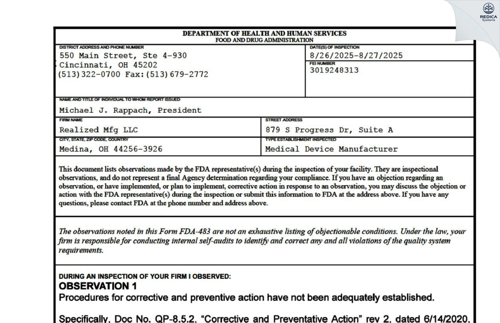 FDA 483 - REALIZED MFG [Medina / United States of America] - Download PDF - Redica Systems
