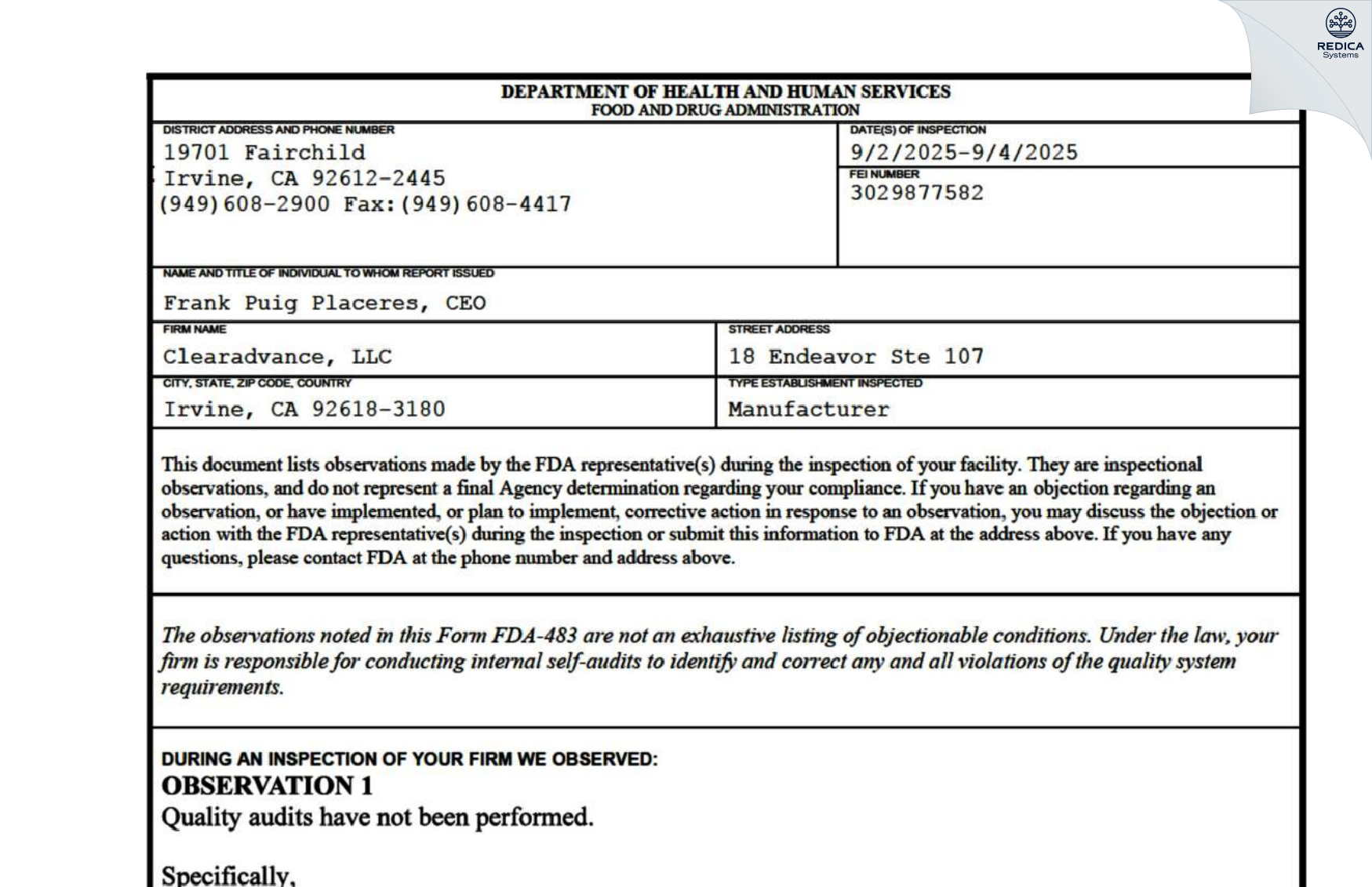 FDA 483 - CLEARADVANCE, LLC [Irvine / United States of America] - Download PDF - Redica Systems