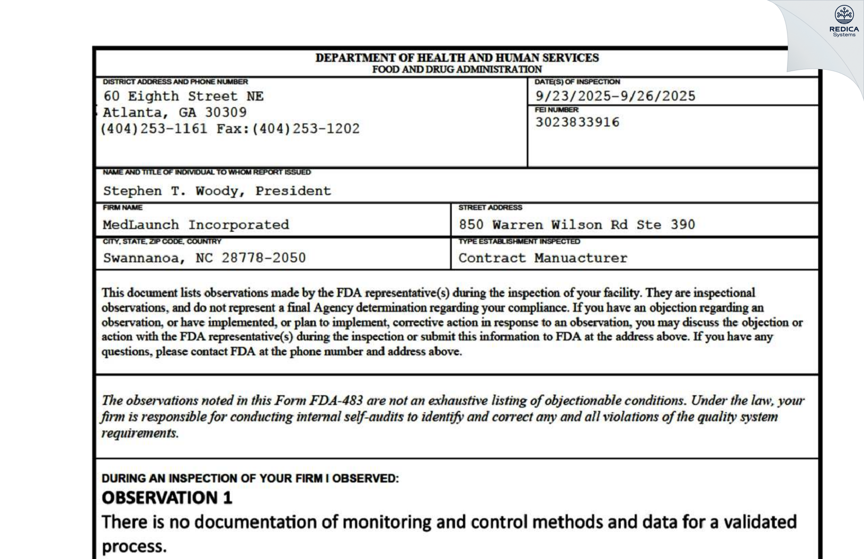 FDA 483 - G3 Medical [Swannanoa / United States of America] - Download PDF - Redica Systems