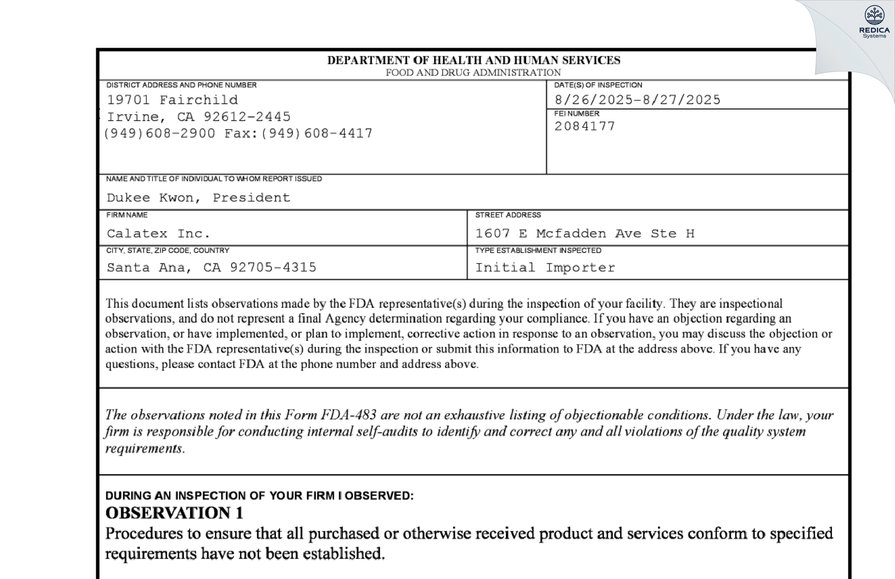 FDA 483 - Calapro Inc Dba Calatex Inc [Santa Ana / United States of America] - Download PDF - Redica Systems