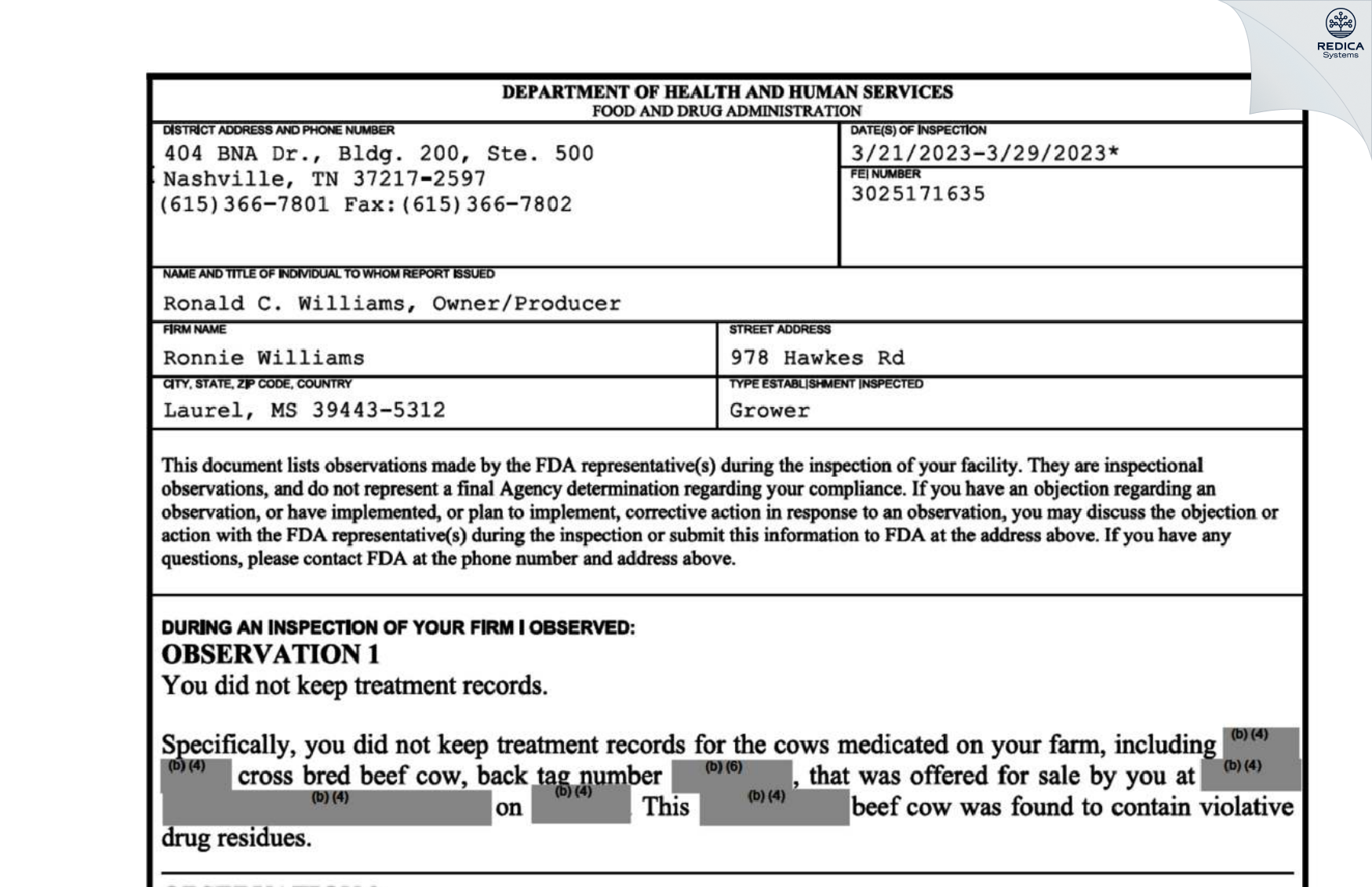 FDA 483 - Ronnie Williams [Laurel / United States of America] - Download PDF - Redica Systems