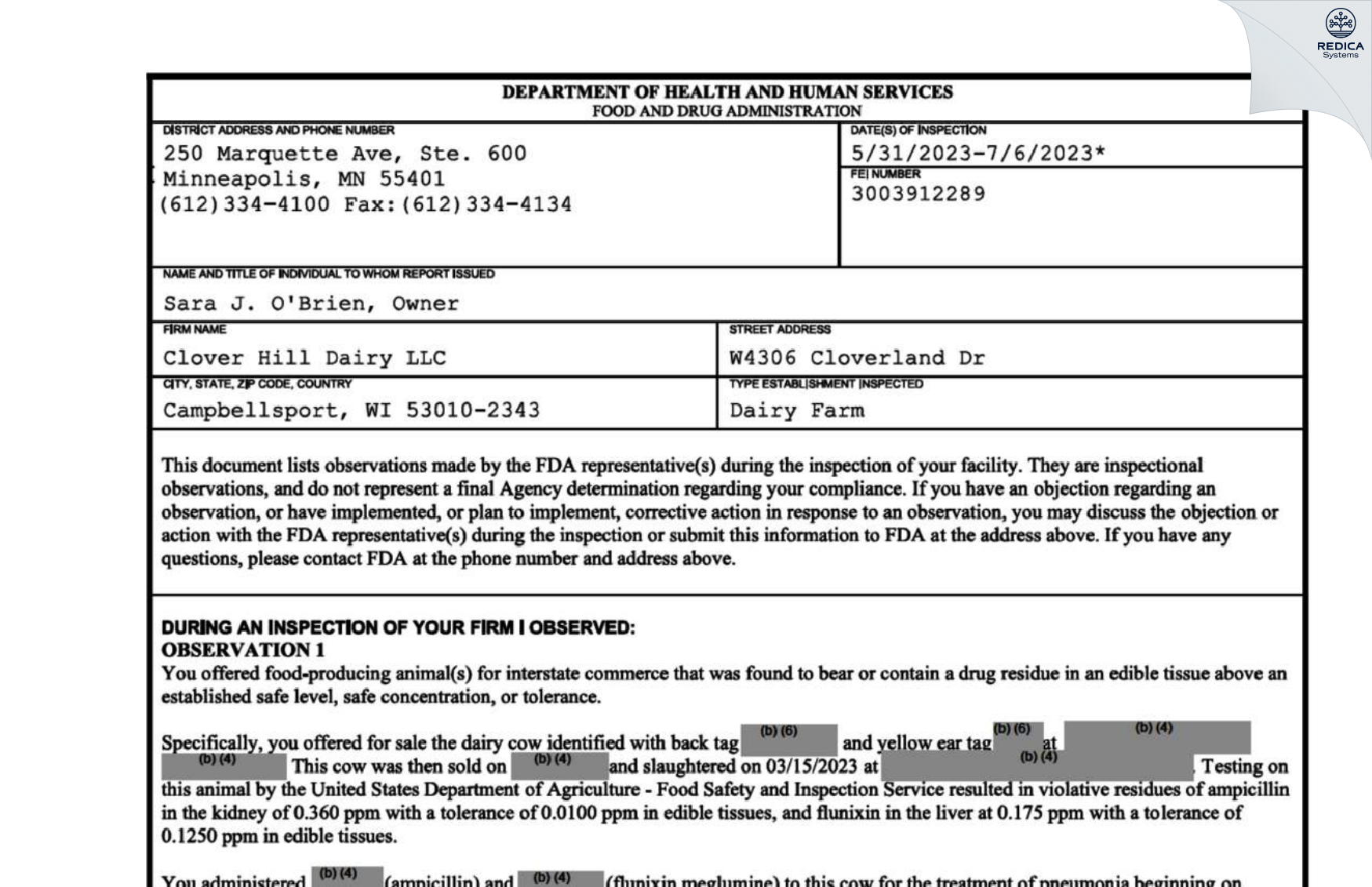 FDA 483 - Clover Hill Dairy LLC [Campbellsport / United States of America] - Download PDF - Redica Systems