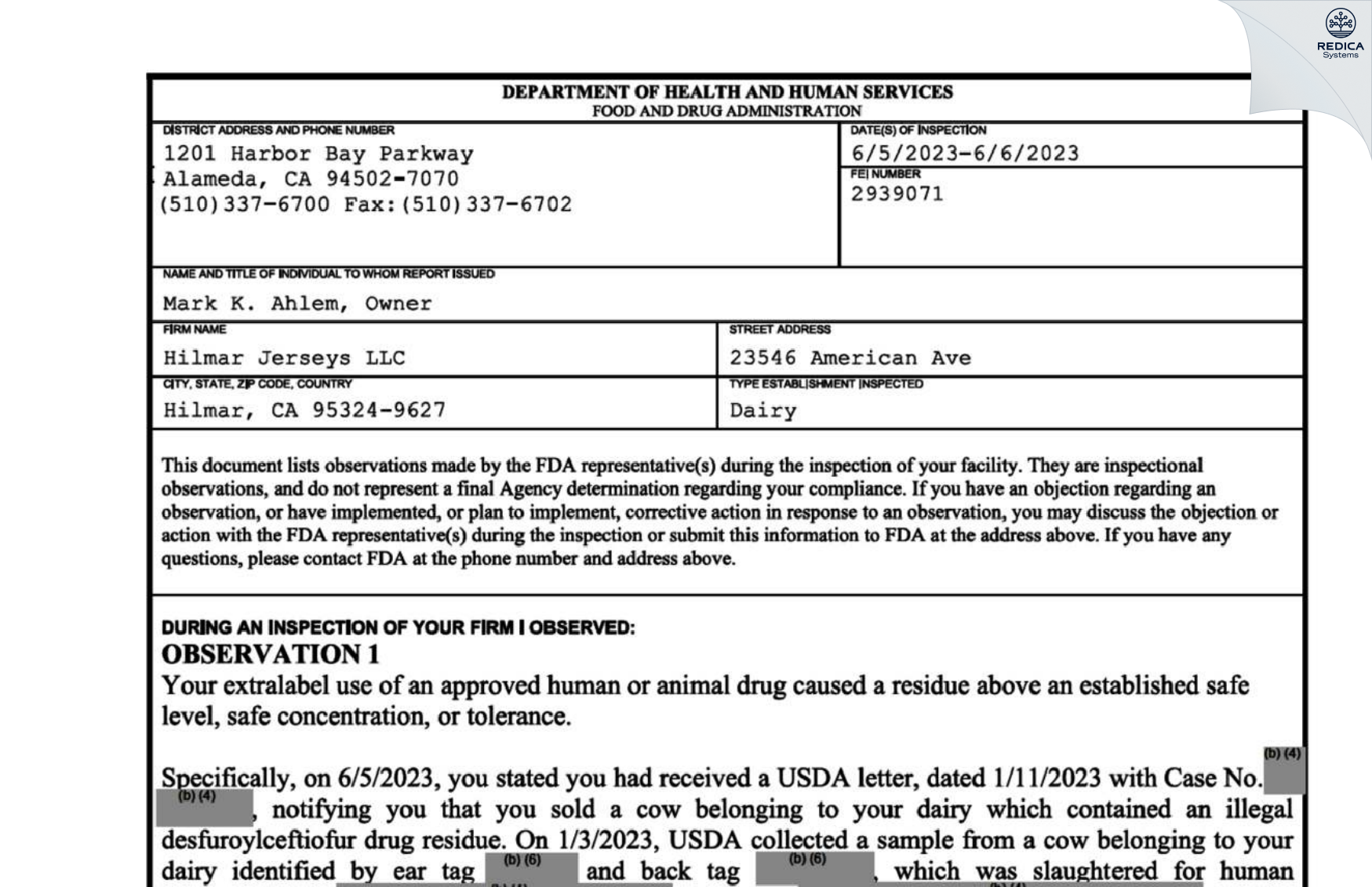 FDA 483 - Hilmar Jerseys LLC [Hilmar / United States of America] - Download PDF - Redica Systems