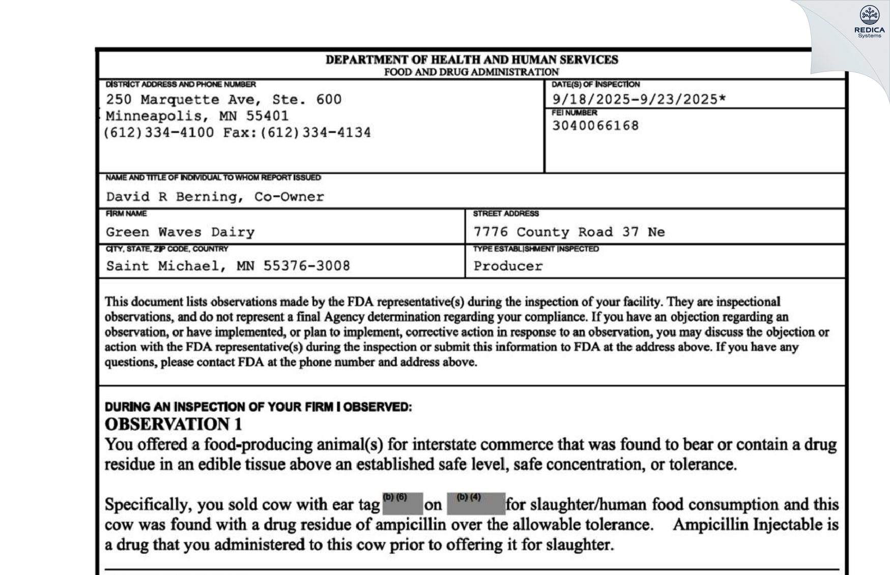 FDA 483 - Green Waves Dairy [Saint Michael / United States of America] - Download PDF - Redica Systems