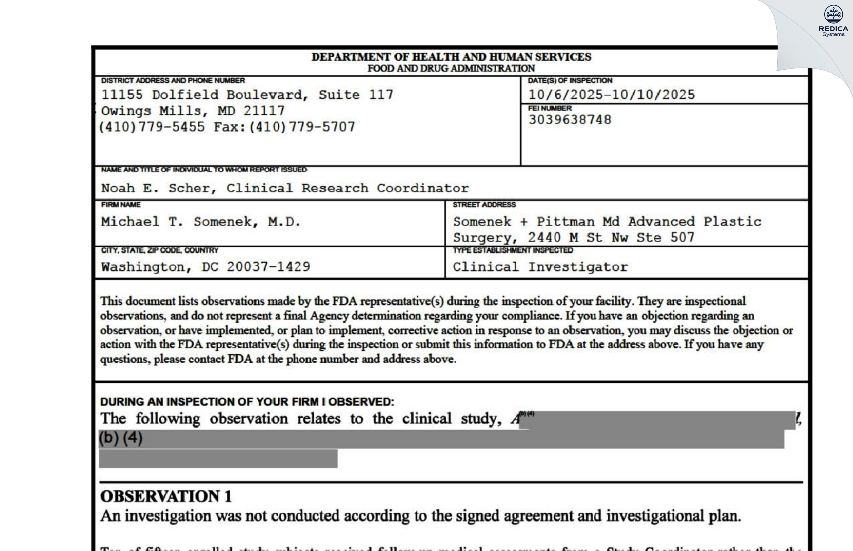 FDA 483 - Michael T. Somenek, M.D. [Washington / United States of America] - Download PDF - Redica Systems