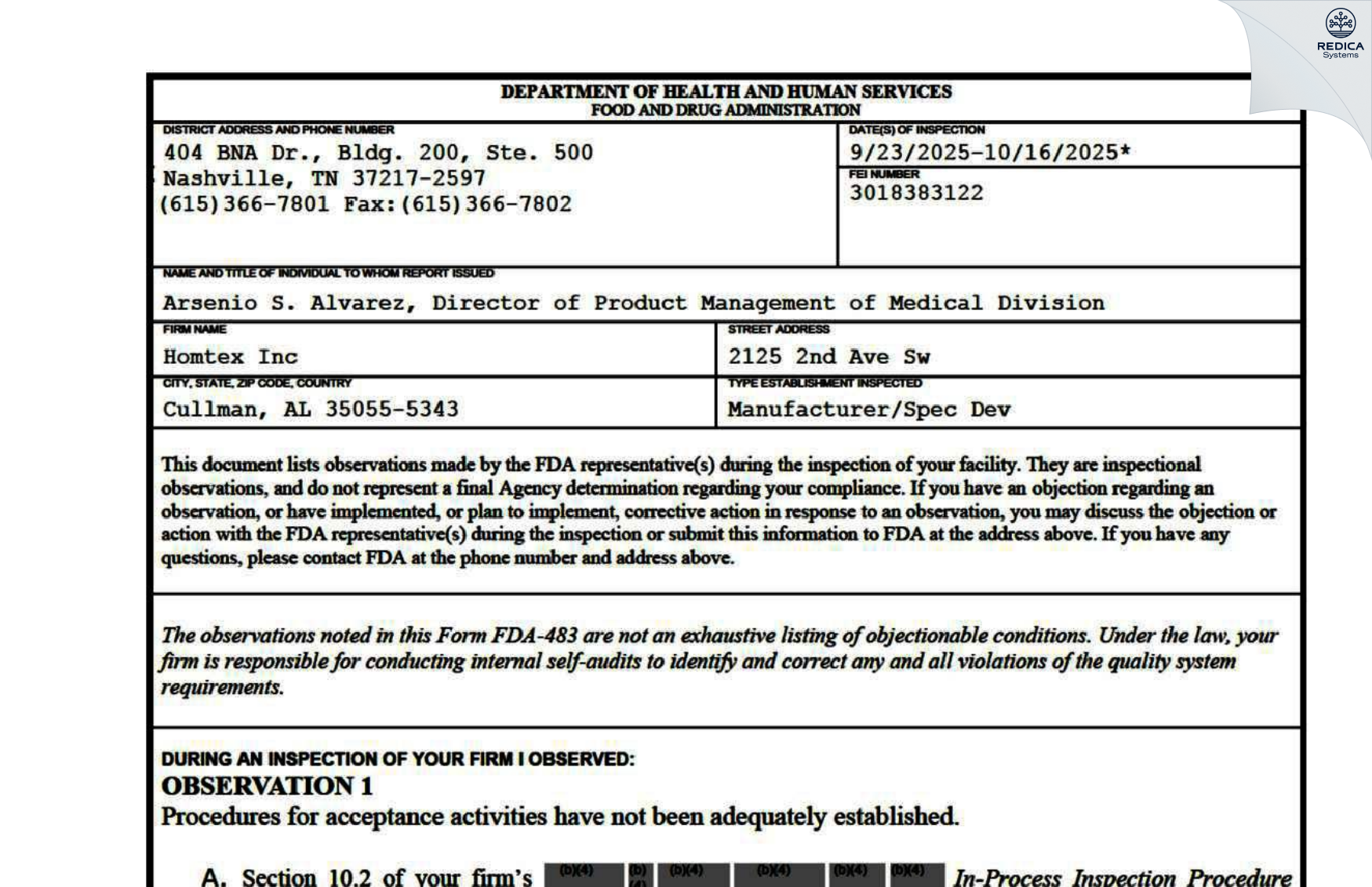 FDA 483 - HOMTEX INC [Cullman / United States of America] - Download PDF - Redica Systems