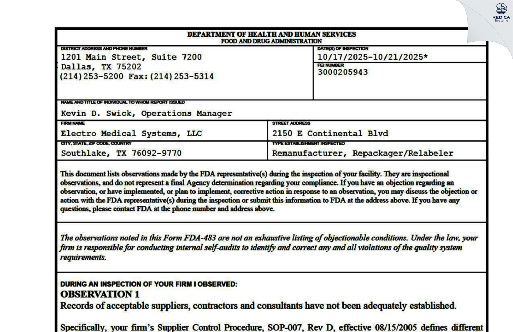 FDA 483 - ELECTRO MEDICAL SYSTEMS, L.L.C. [Southlake / United States of America] - Download PDF - Redica Systems
