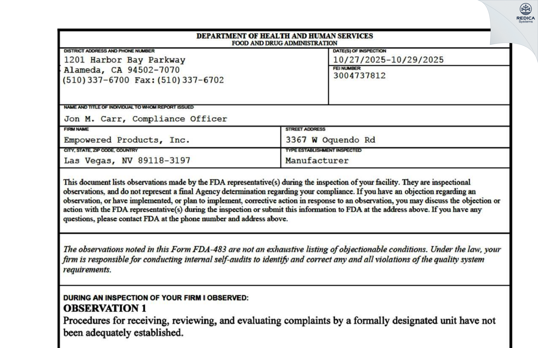 FDA 483 - Empowered Products, Inc. [Las Vegas / United States of America] - Download PDF - Redica Systems