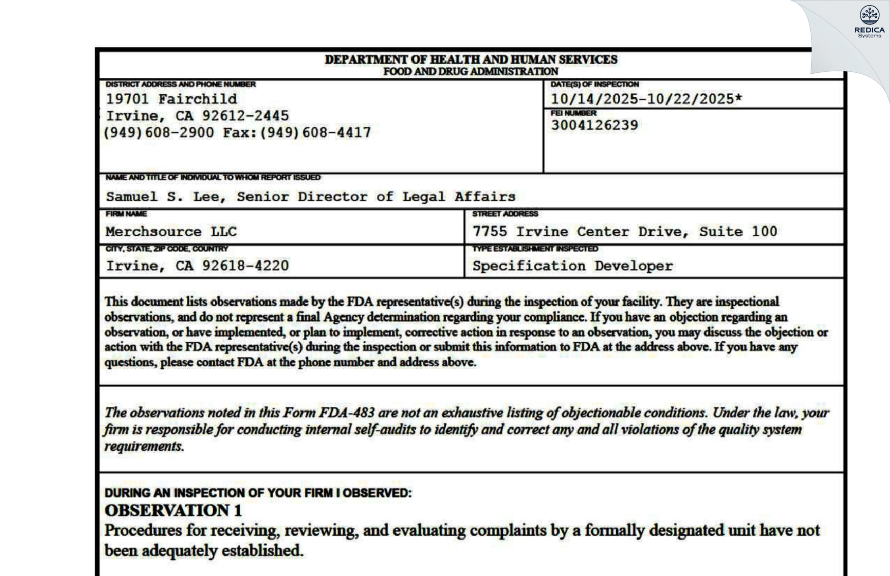 FDA 483 - MERCHSOURCE LLC [Irvine / United States of America] - Download PDF - Redica Systems