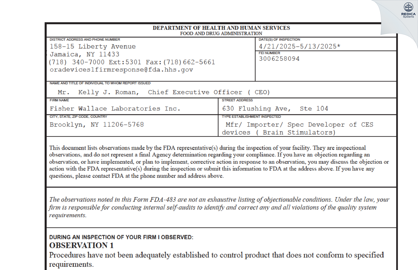 FDA 483 - Fisher Wallace Laboratories Inc. [Brooklyn / United States of America] - Download PDF - Redica Systems