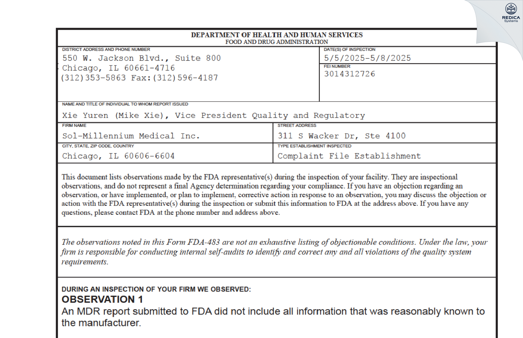 FDA 483 - Sol-Millennium Medical Inc. [Chicago / United States of America] - Download PDF - Redica Systems