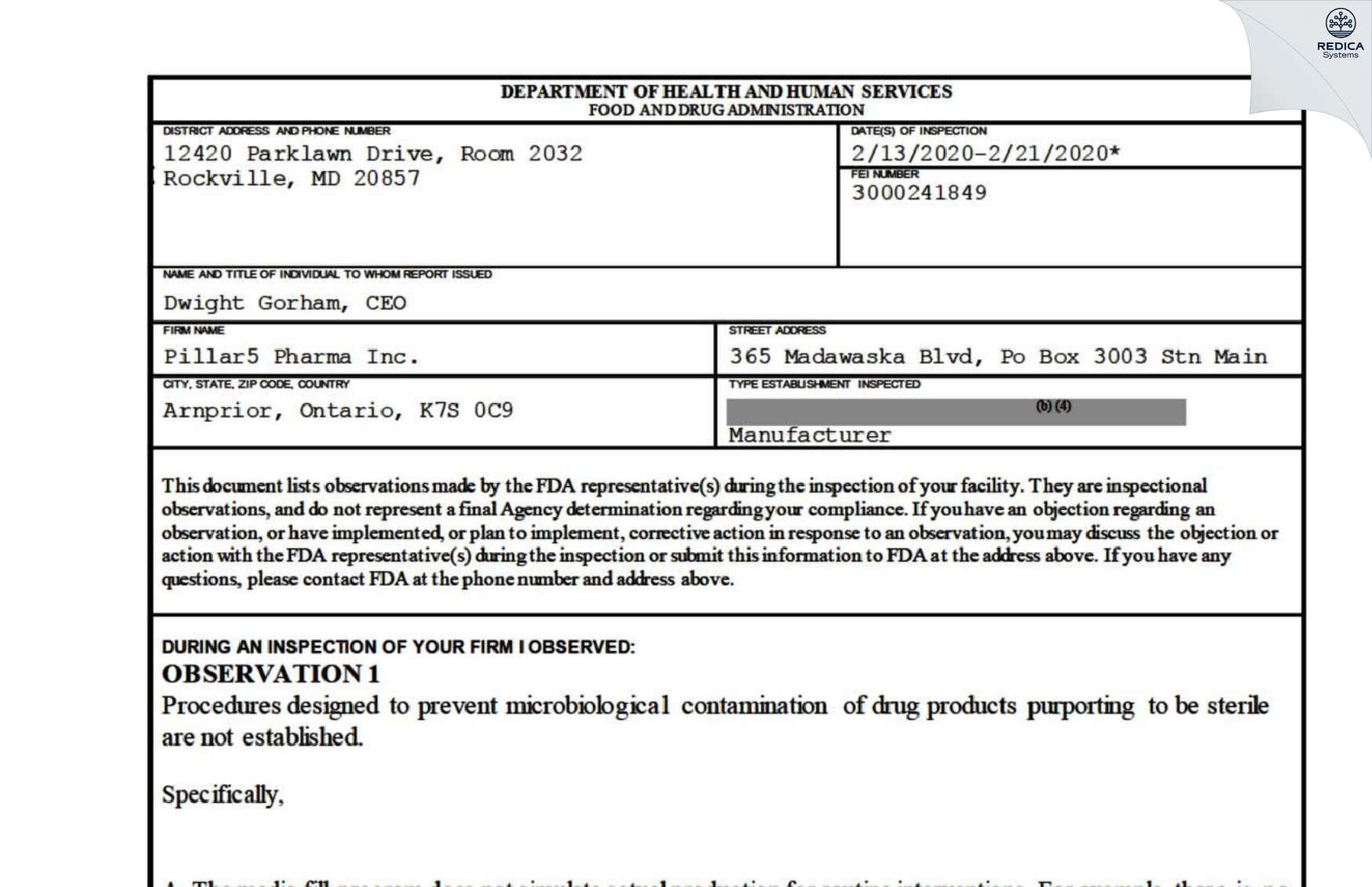 FDA 483 - Pillar5 Pharma Inc [Arnprior / Canada] - Download PDF - Redica Systems