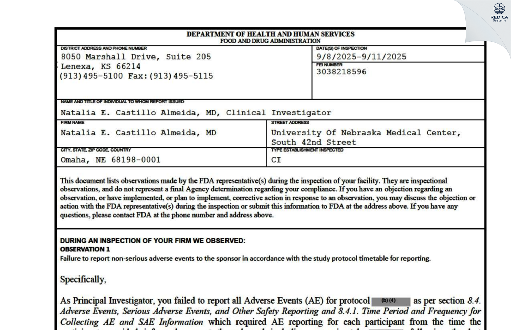 FDA 483 - Natalia Castillo Almeida [Omaha / United States of America] - Download PDF - Redica Systems