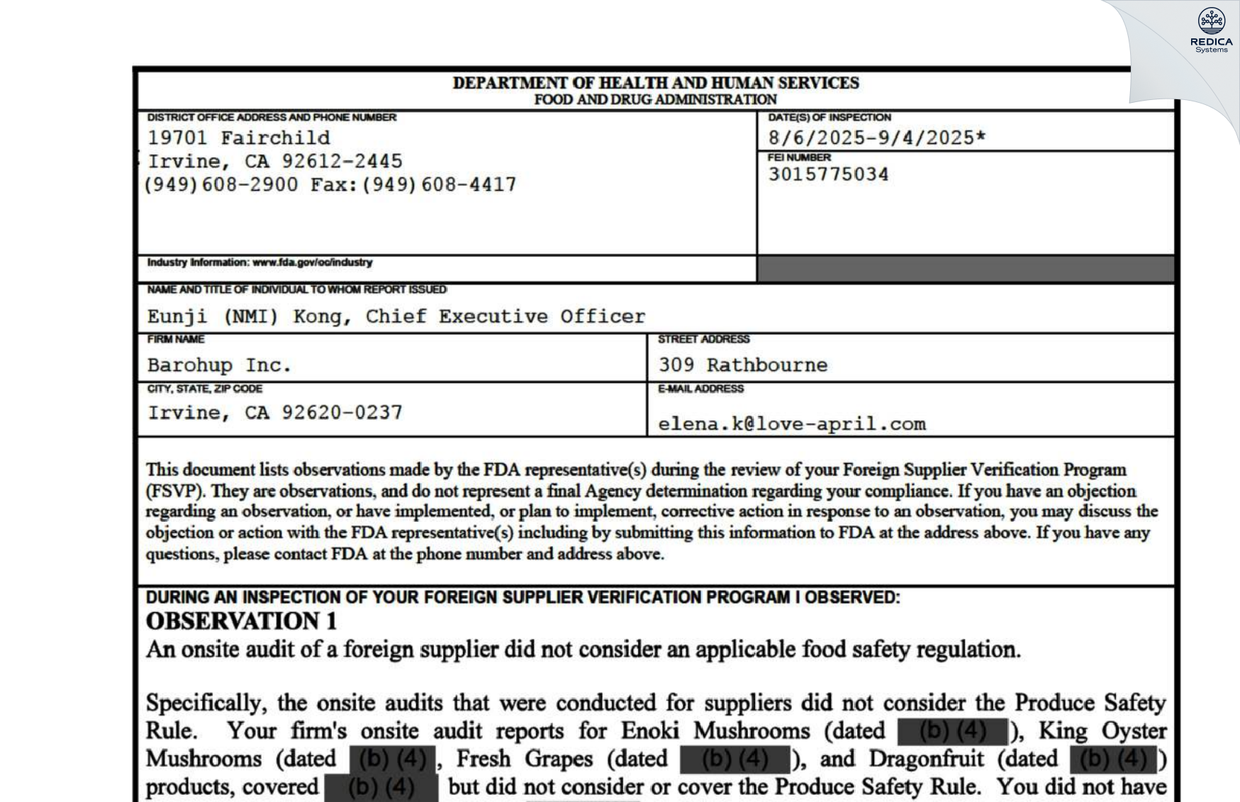 FDA 483 - Barohup Inc. [Irvine / United States of America] - Download PDF - Redica Systems