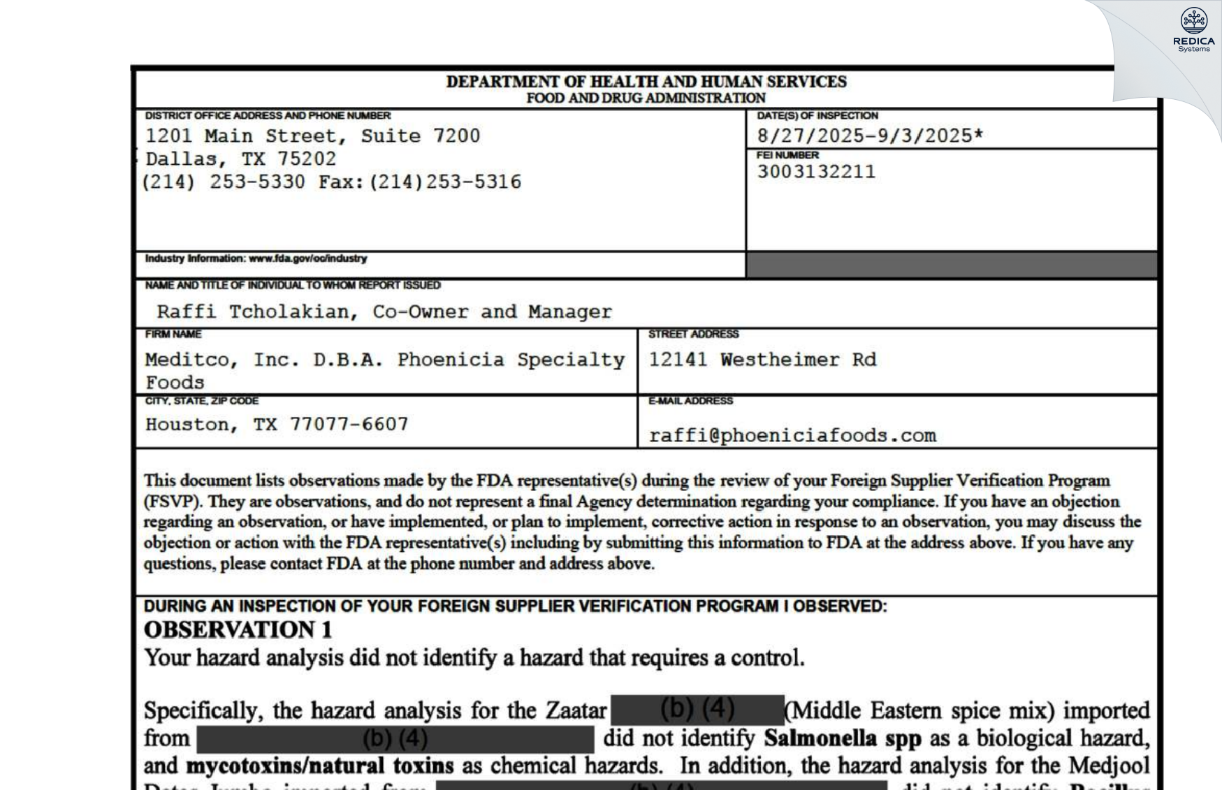 FDA 483 - Meditco, Inc. D.B.A. Phoenicia Specialty Foods [Houston / United States of America] - Download PDF - Redica Systems