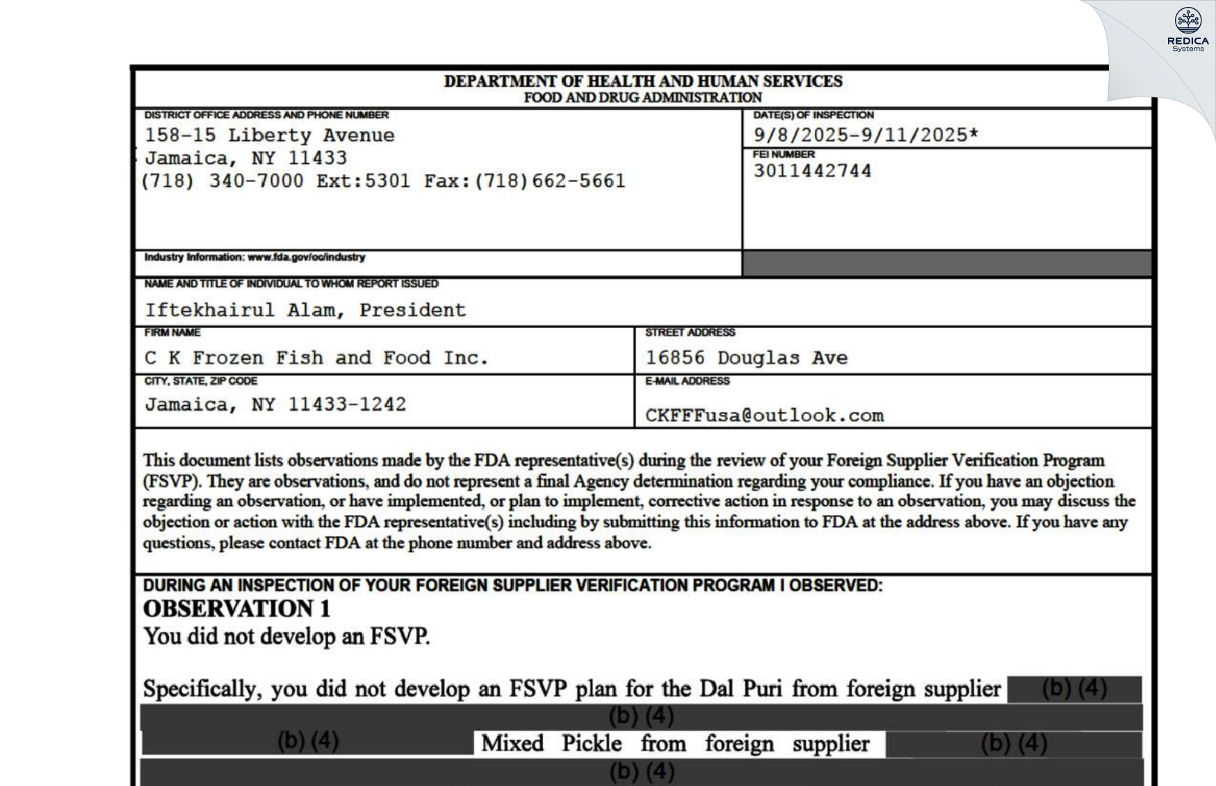 FDA 483 - C K Frozen Fish and Food Inc. [Jamaica / United States of America] - Download PDF - Redica Systems