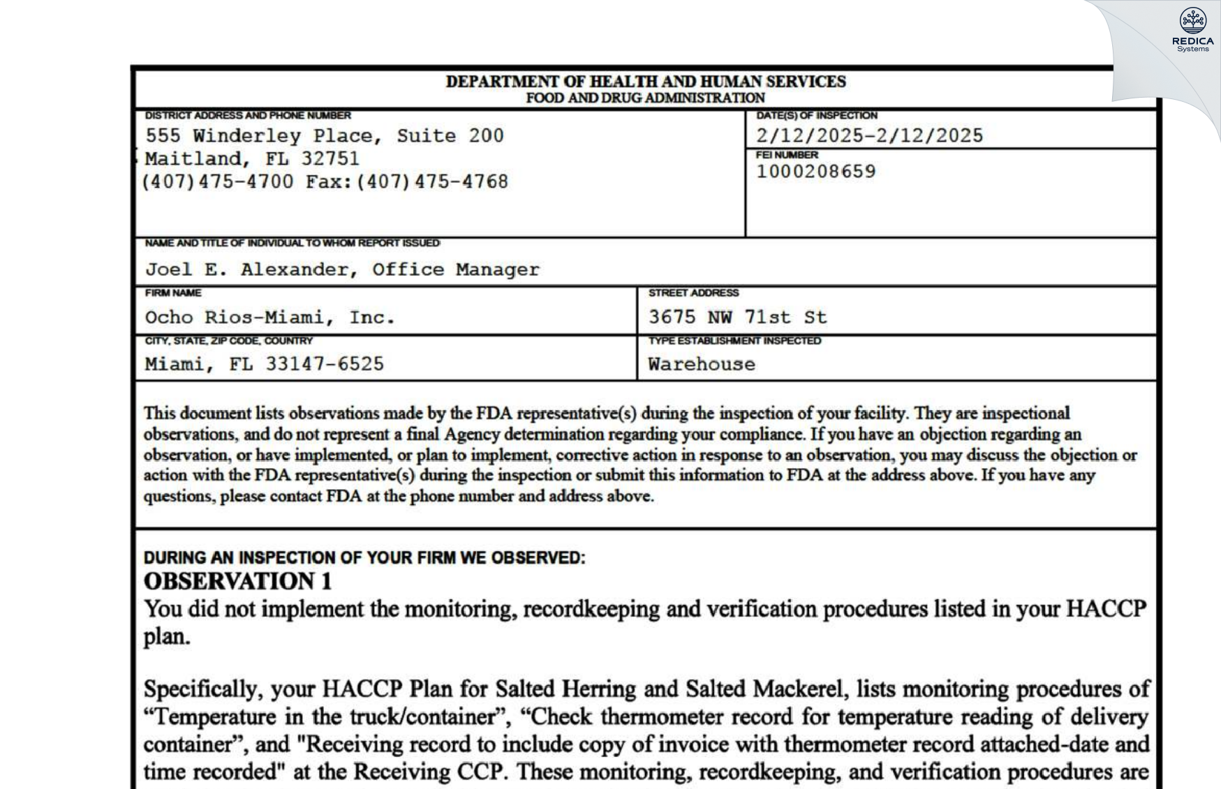 FDA 483 - Ocho Rios-Miami, Inc. [Miami / United States of America] - Download PDF - Redica Systems