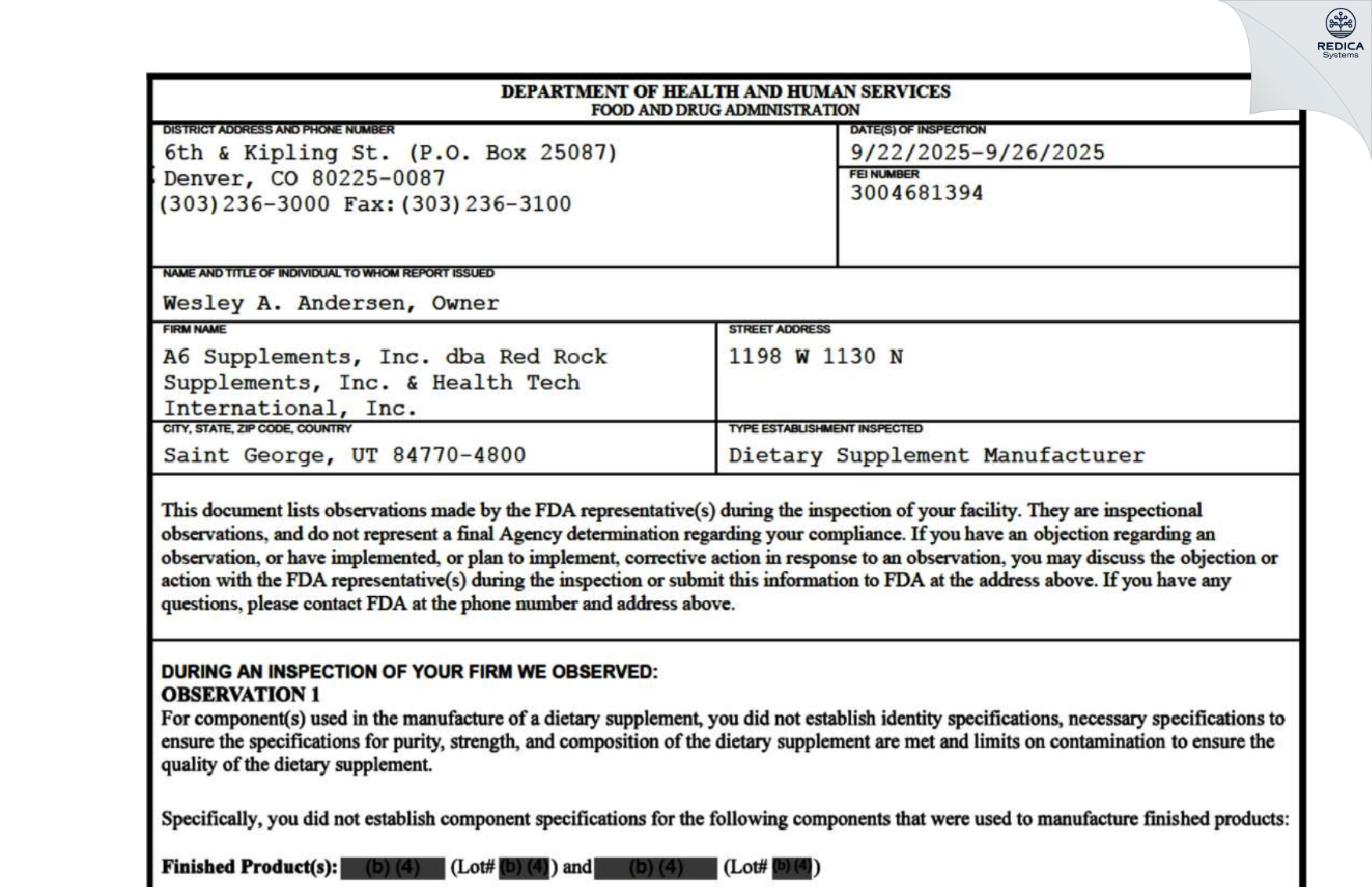FDA 483 - HealthTech International Inc. [Saint George / United States of America] - Download PDF - Redica Systems