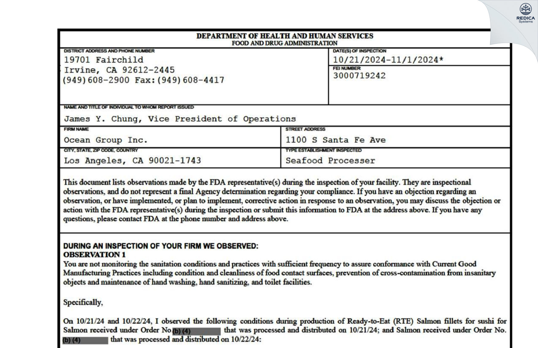 FDA 483 - Ocean Group Inc. [Los Angeles / United States of America] - Download PDF - Redica Systems