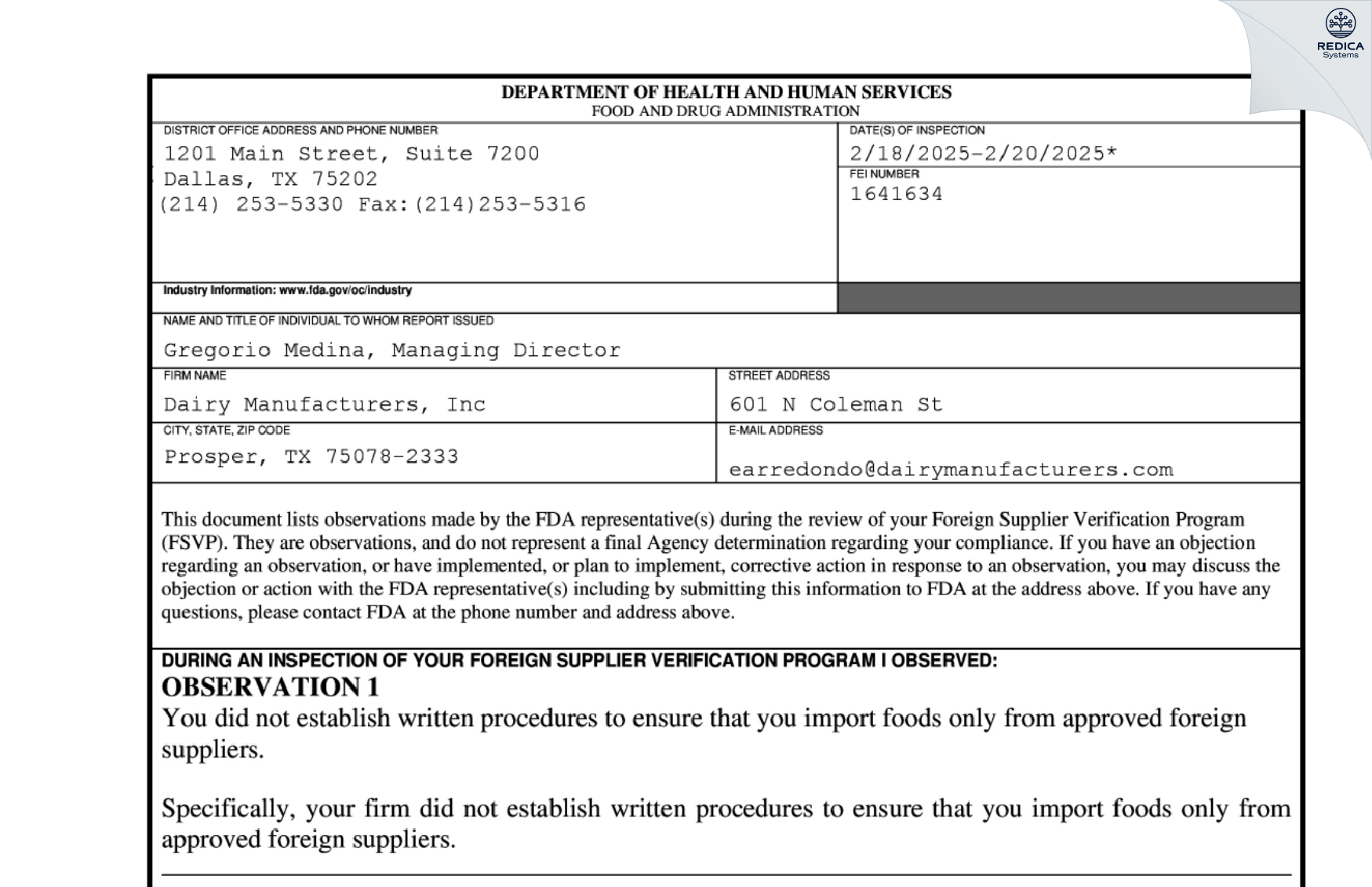 FDA 483 - Dairy Manufacturers, Inc [Prosper / United States of America] - Download PDF - Redica Systems