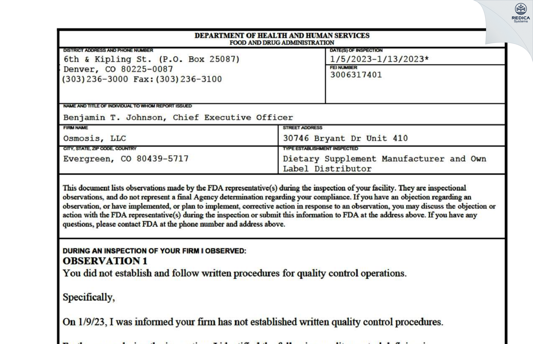 FDA 483 - Osmosis, LLC [Evergreen / United States of America] - Download PDF - Redica Systems