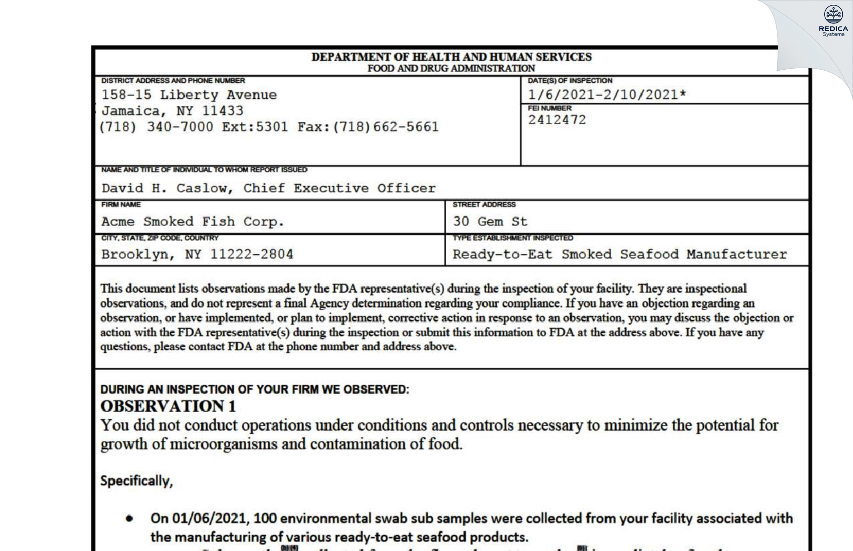 FDA 483 - Acme Smoked Fish Corp. [Brooklyn / United States of America] - Download PDF - Redica Systems