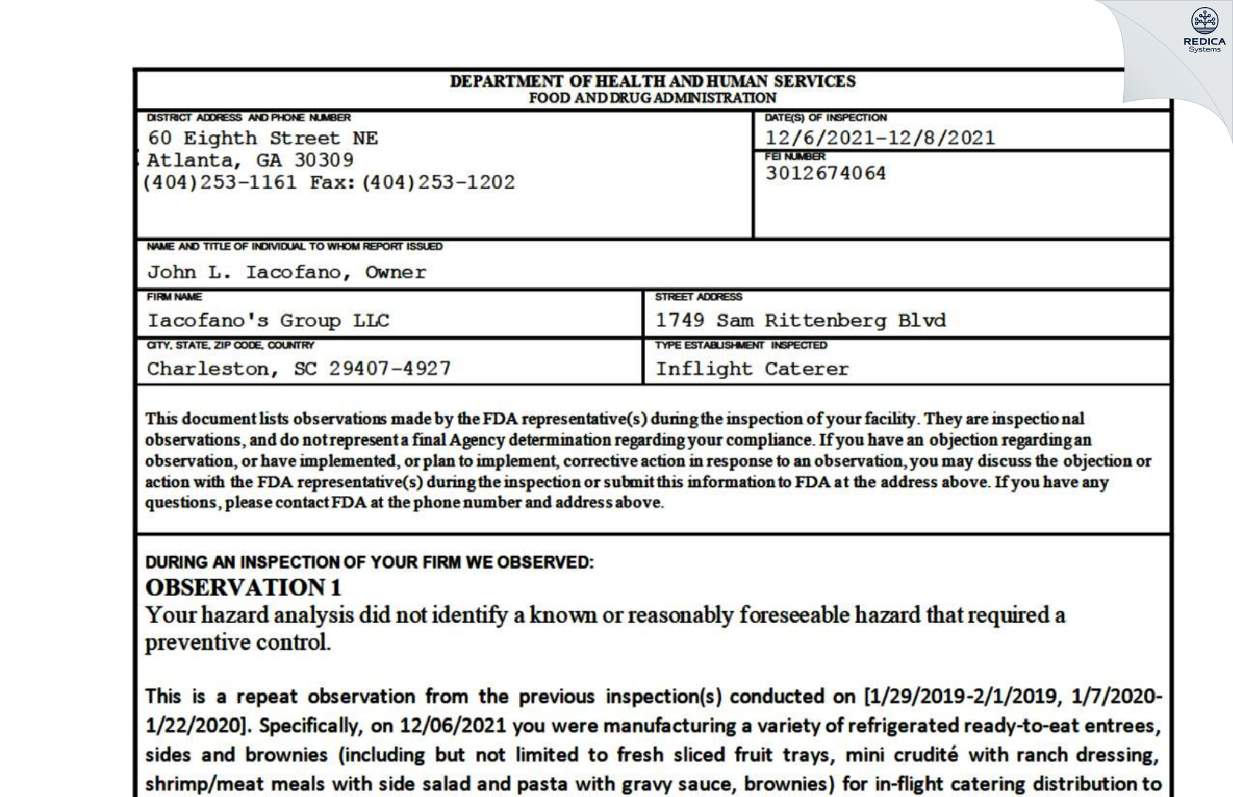 FDA 483 - Iacofano's Group LLC [Charleston / United States of America] - Download PDF - Redica Systems
