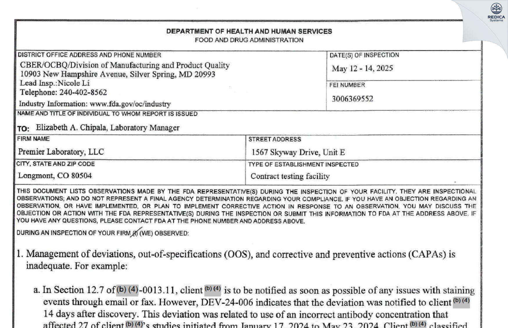 FDA 483 - Premier Histology Laboratory, LLC [Boulder / United States of America] - Download PDF - Redica Systems