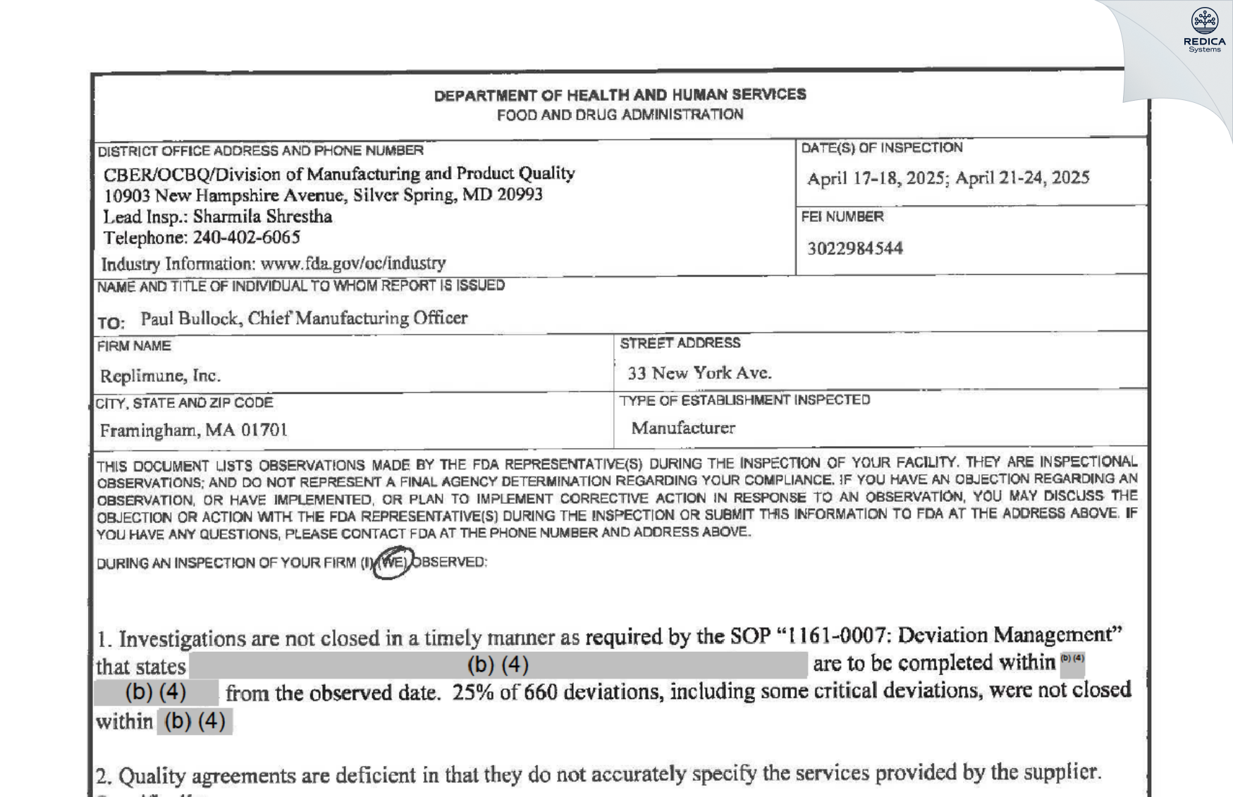 FDA 483 - Replimune, Inc. [Framingham / United States of America] - Download PDF - Redica Systems