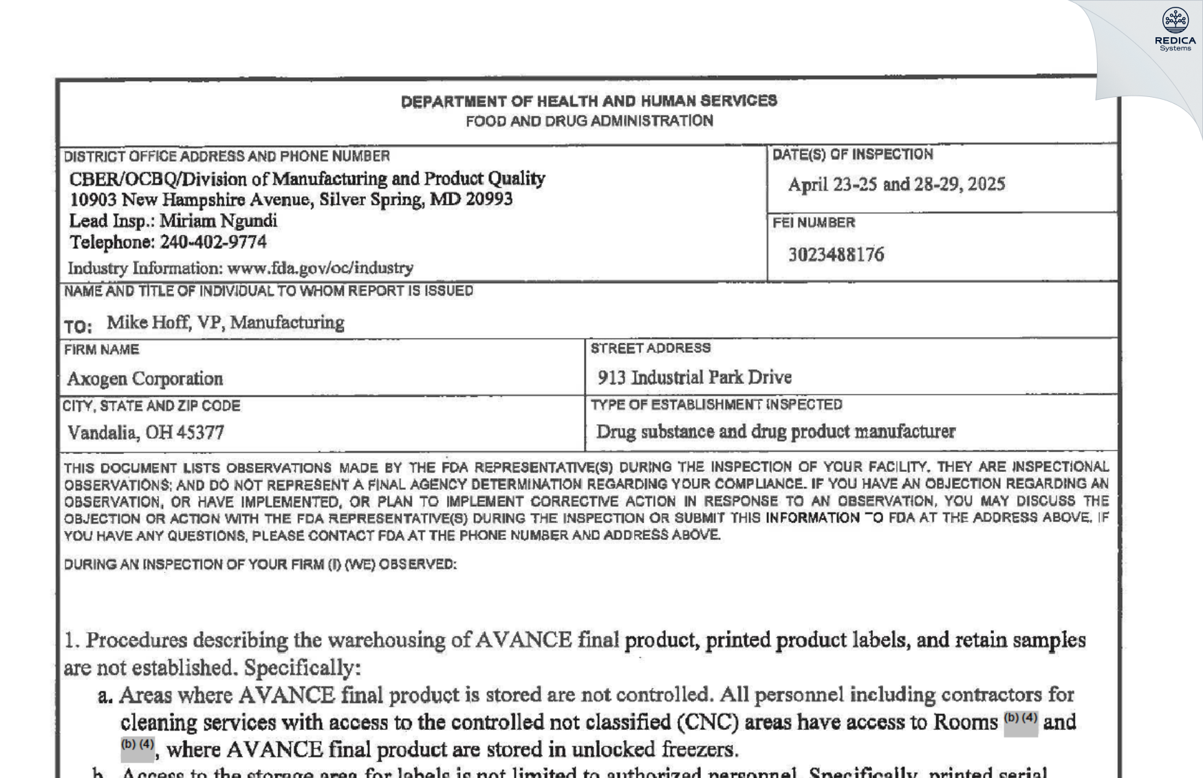 FDA 483 - Axogen Corp [Vandalia / United States of America] - Download PDF - Redica Systems