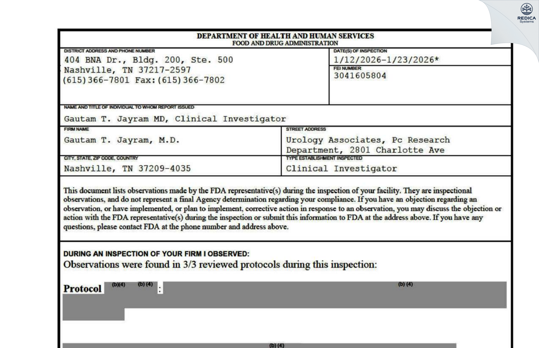 FDA 483 - Gautam T. Jayram, M.D. [Nashville / United States of America] - Download PDF - Redica Systems