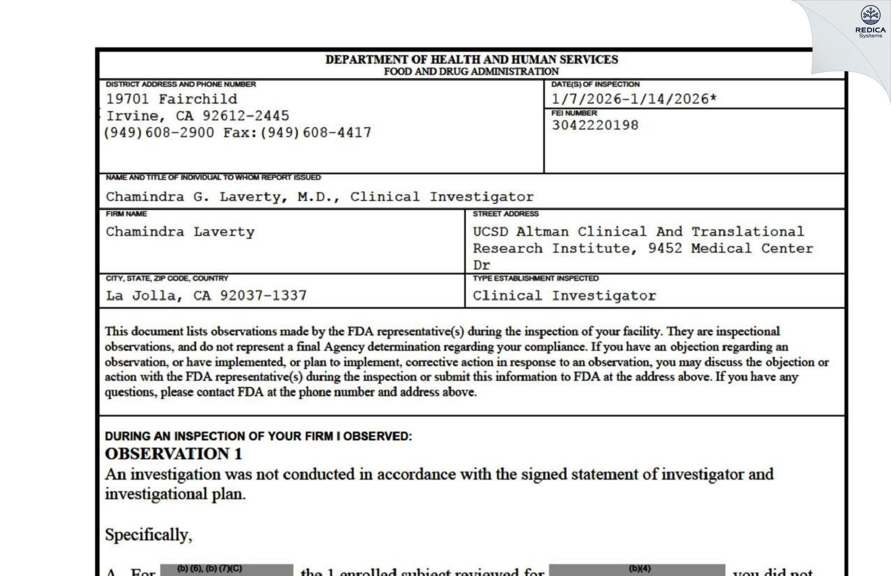 FDA 483 - Chamindra Laverty [La Jolla / United States of America] - Download PDF - Redica Systems