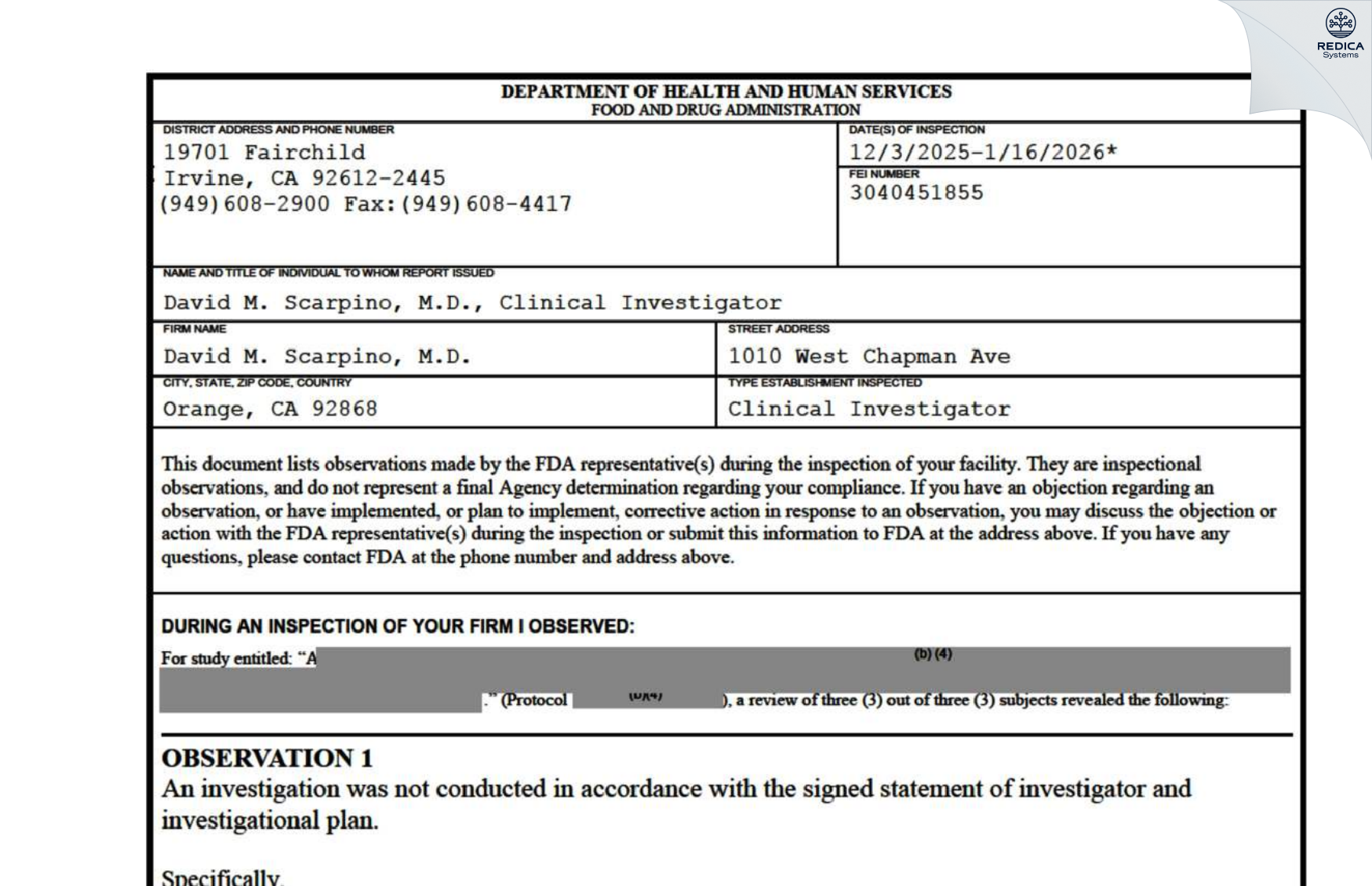 FDA 483 - David M. Scarpino, M.D. [Orange / United States of America] - Download PDF - Redica Systems