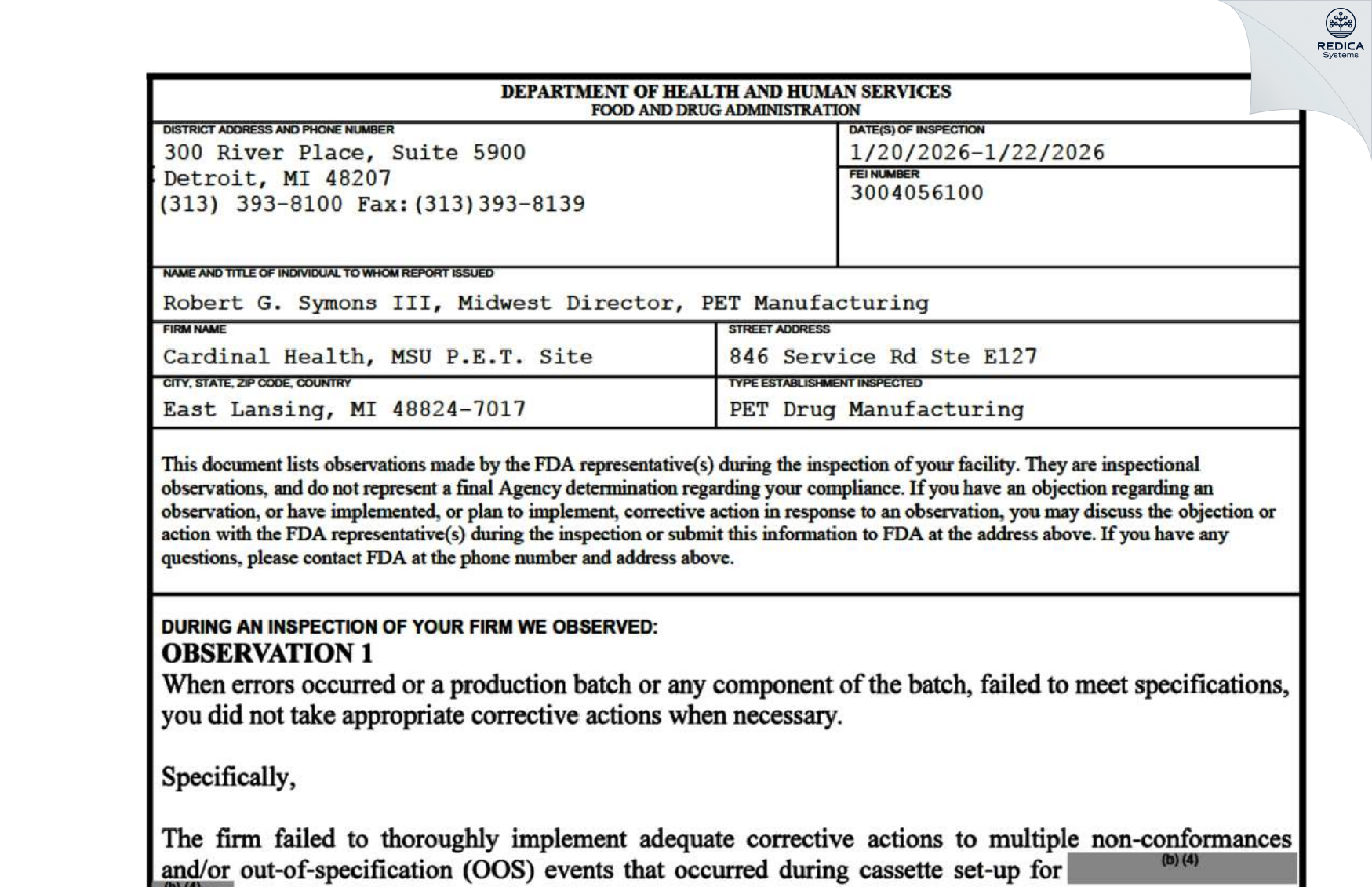 FDA 483 - Cardinal Health, Inc. [East Lansing / United States of America] - Download PDF - Redica Systems
