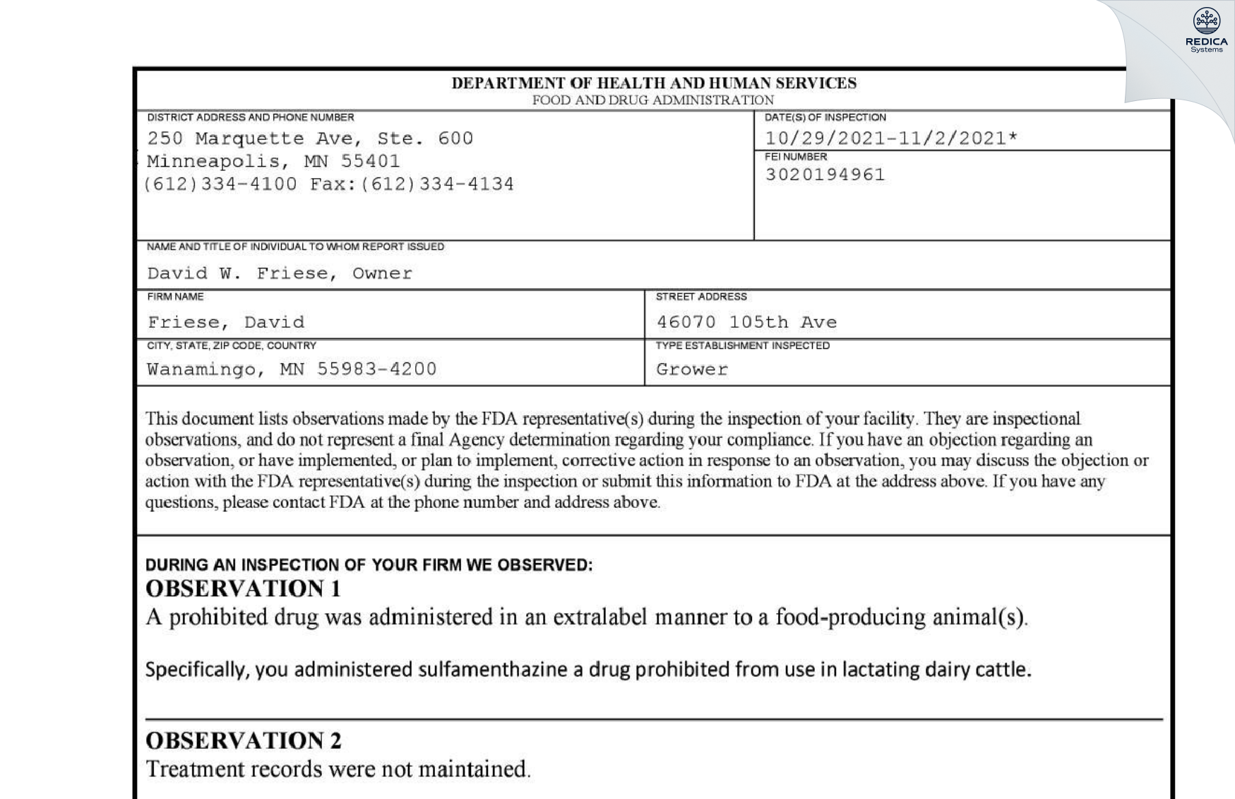 FDA 483 - Friese, David [Wanamingo / United States of America] - Download PDF - Redica Systems