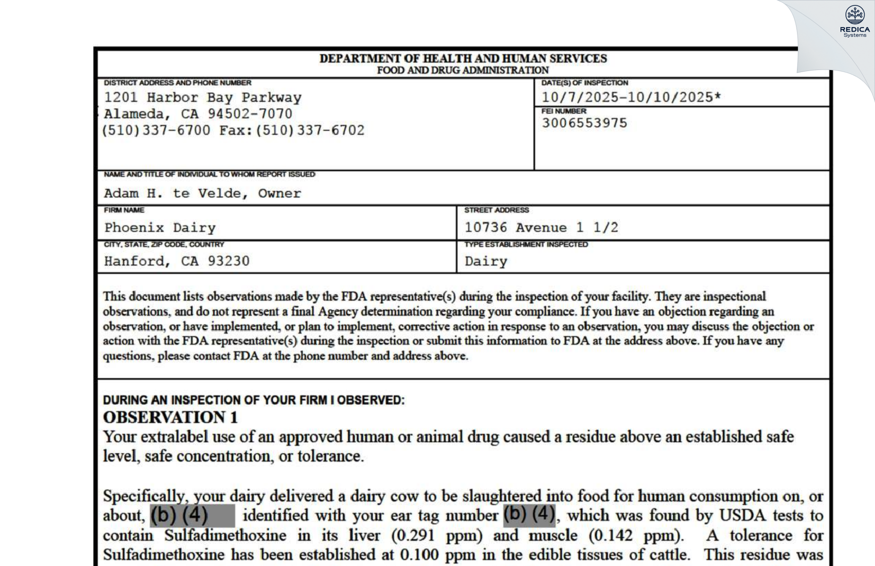 FDA 483 - Phoenix Dairy [Hanford / United States of America] - Download PDF - Redica Systems