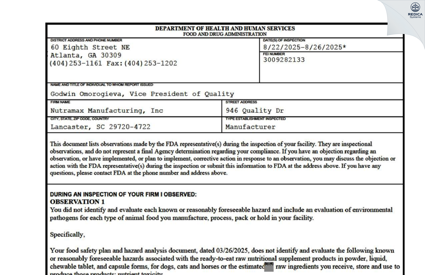 FDA 483 - Nutramax Manufacturing, Inc [Lancaster / United States of America] - Download PDF - Redica Systems