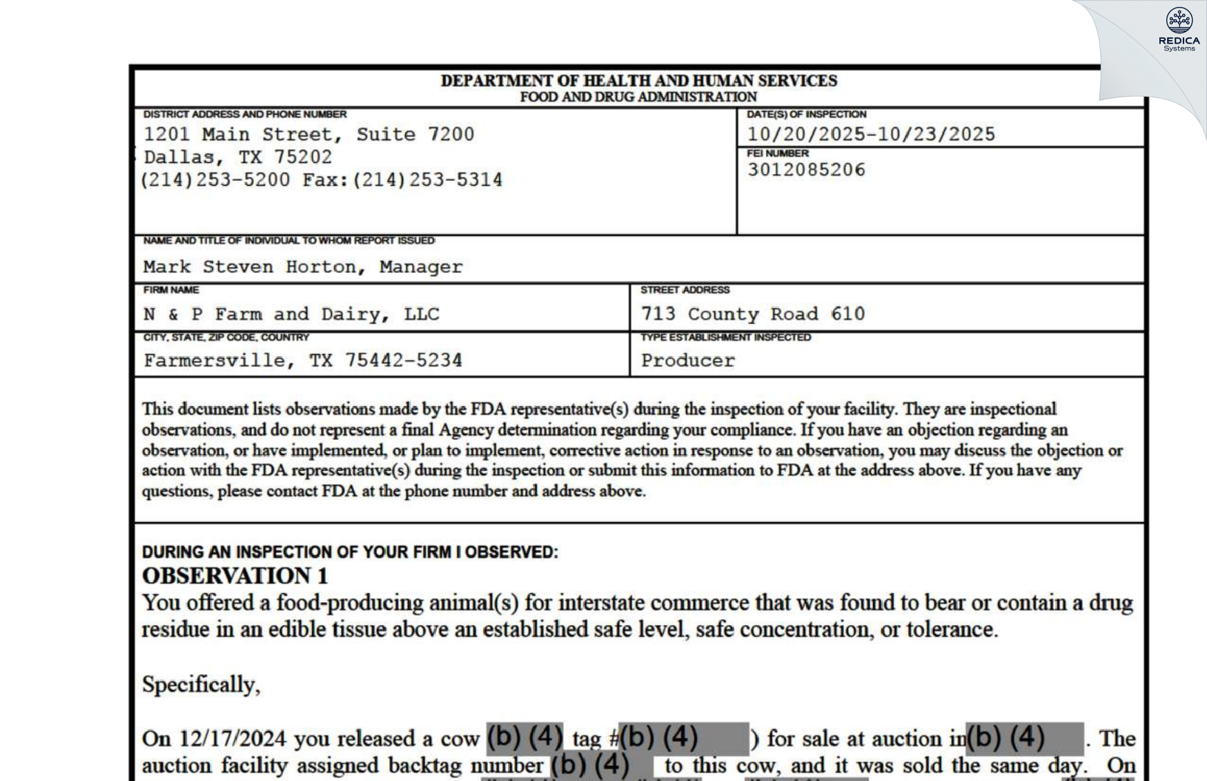 FDA 483 - N & P Farm and Dairy, LLC [Farmersville / United States of America] - Download PDF - Redica Systems