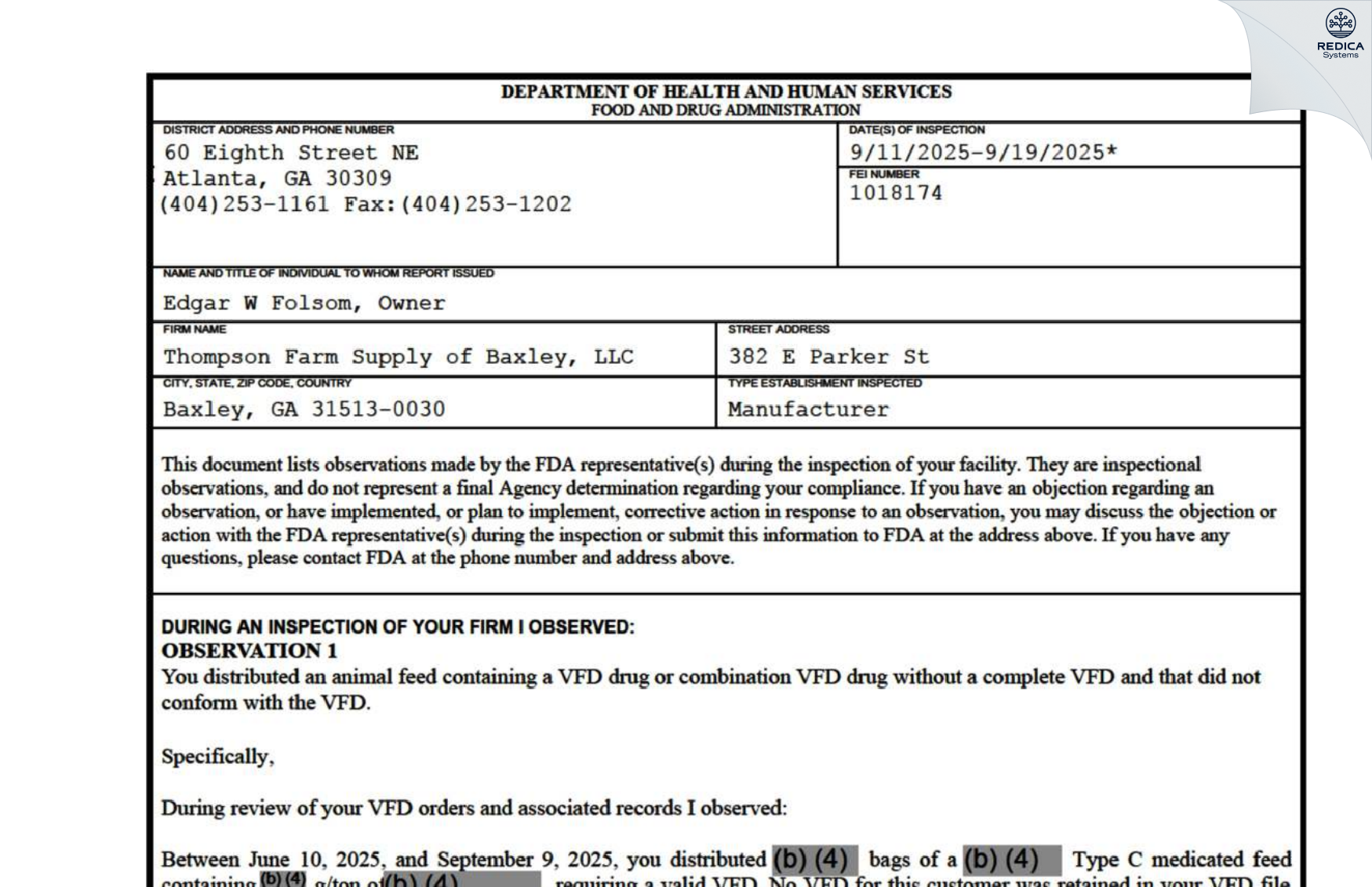 FDA 483 - Thompson Farm Supply Inc [Baxley / United States of America] - Download PDF - Redica Systems