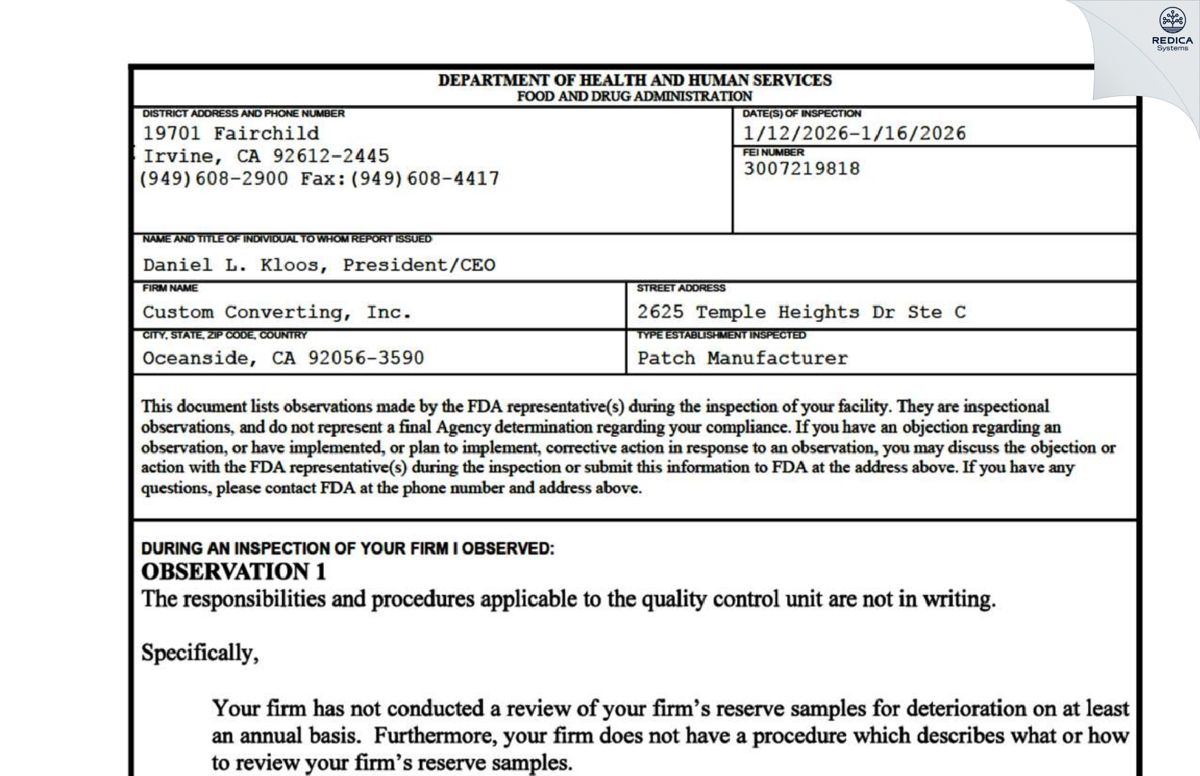 FDA 483 - Custom Converting, Inc. [Oceanside / United States of America] - Download PDF - Redica Systems
