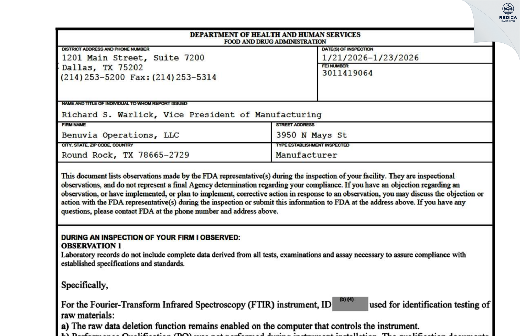 FDA 483 - Benuvia Operations, LLC [Round Rock / United States of America] - Download PDF - Redica Systems