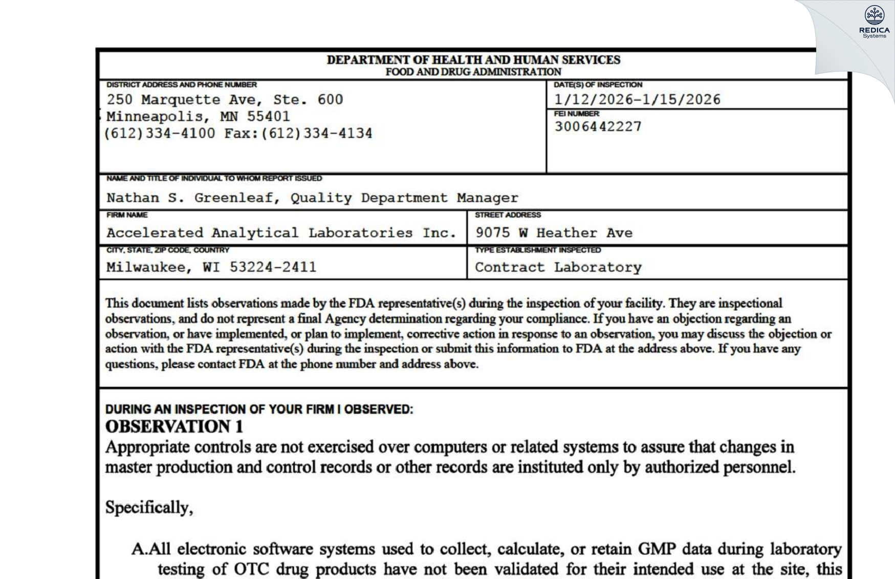 FDA 483 - Accelerated Analytical [Milwaukee / United States of America] - Download PDF - Redica Systems