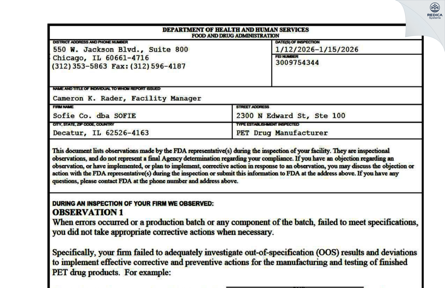 FDA 483 - Decatur Memorial Hospital [Decatur / United States of America] - Download PDF - Redica Systems