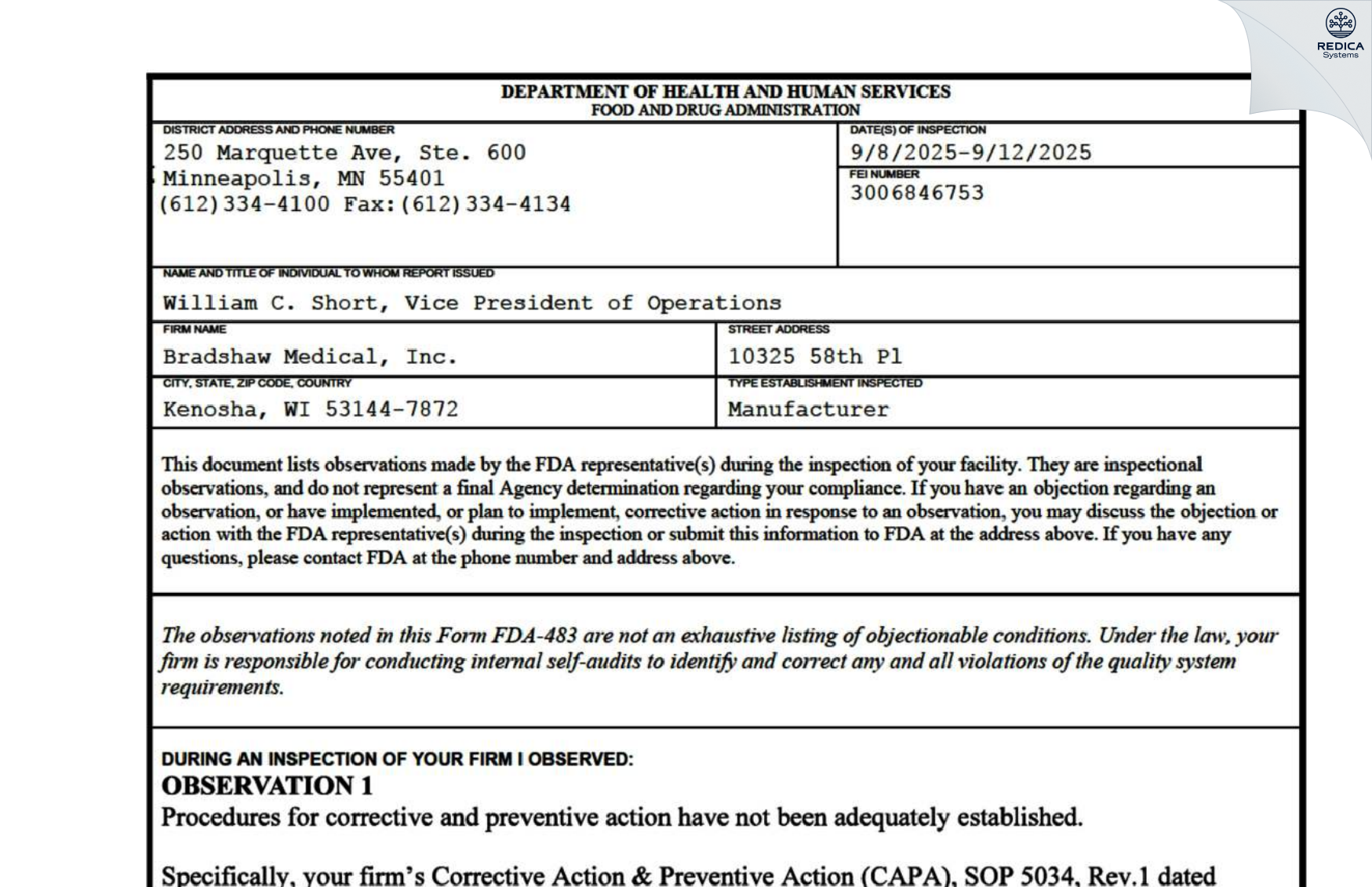 FDA 483 - Bradshaw Medical, Inc. [Kenosha / United States of America] - Download PDF - Redica Systems